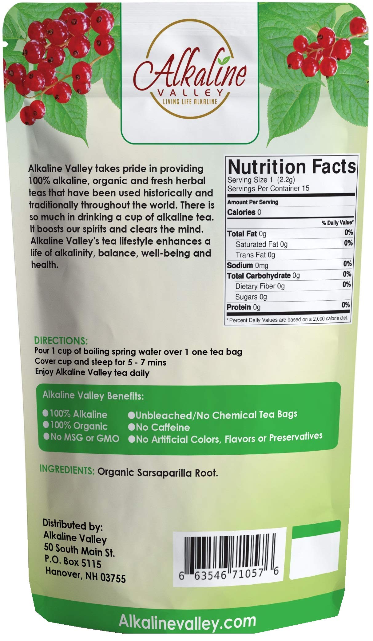 Sarsaparilla Tea - 100% Organic and Alkaline - 15 Unbleached/Chemical-Free Sarsaparilla Tea Bags - Pack of 3 - Caffeine-Free, No GMO