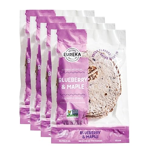 Eureka Tortilla Blueberry & Maple Flour Tortillas | Artisanal Craft Tortillas | 6” Mini Wrap Whole Grains | Vegan, Non-GMO, Low Calorie | (4 Packs, 8