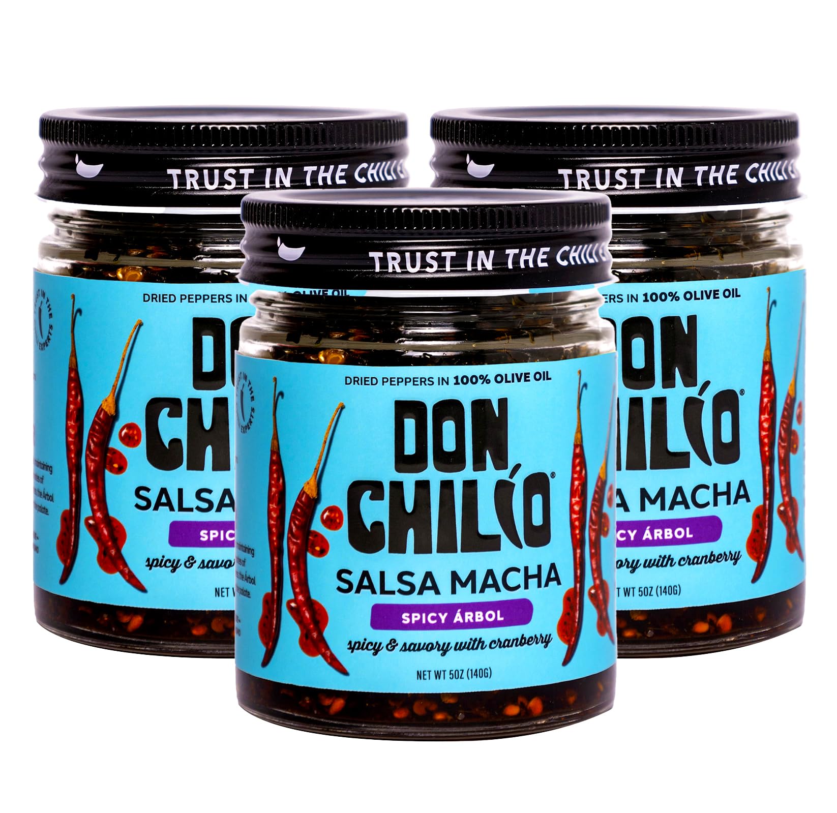 Don Chilio Spicy Cranberry Salsa Macha Chili Oil, 5 oz, 3 Pack - Pasilla & Arbol Dried Chili Peppers - Delicious Mexican Chili Oil in 100% Olive Oil
