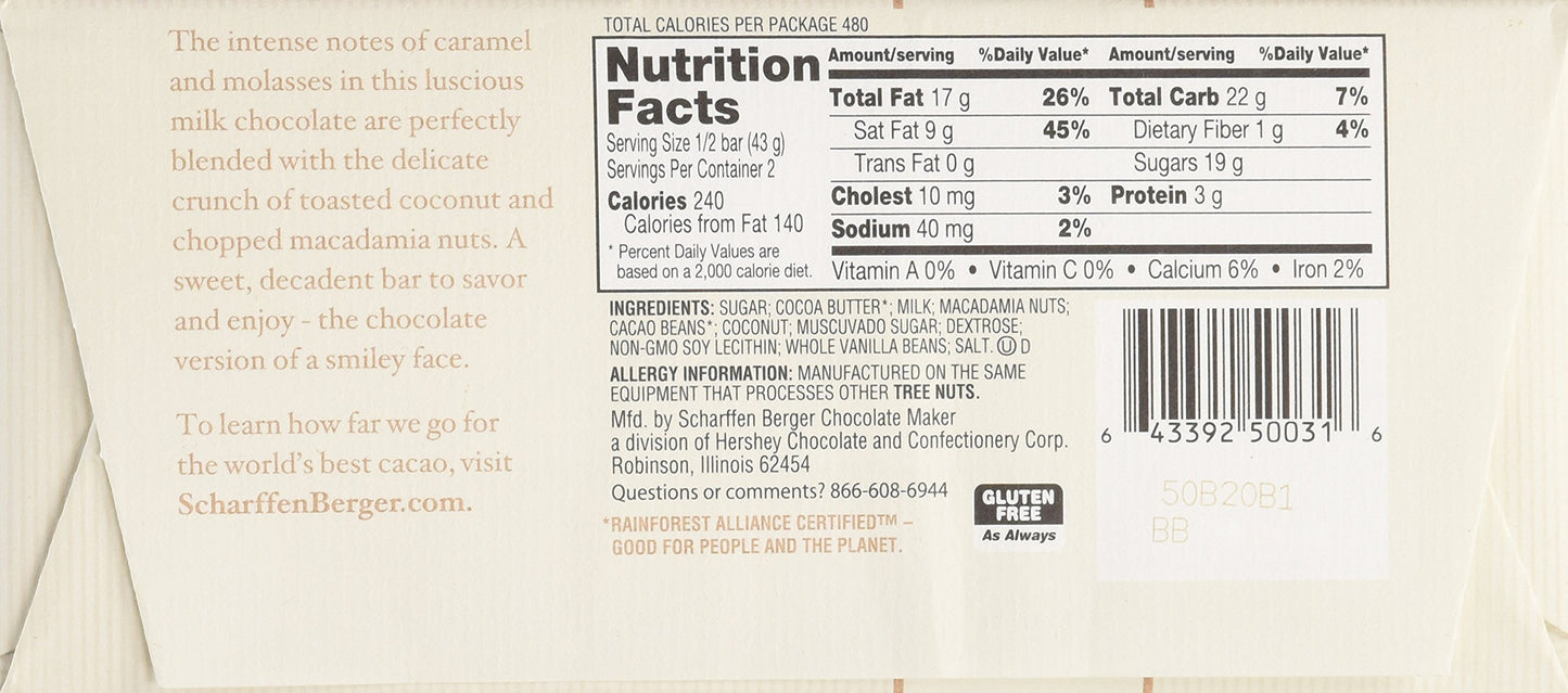 SCHARFFEN BERGER Coconut & Macadamia Chocolate Bar, 33% Cacao Gluten Free Milk Chocolate with Toasted Coconut and Macadamia, 3.0 Ounce Bar (Pack of 4)