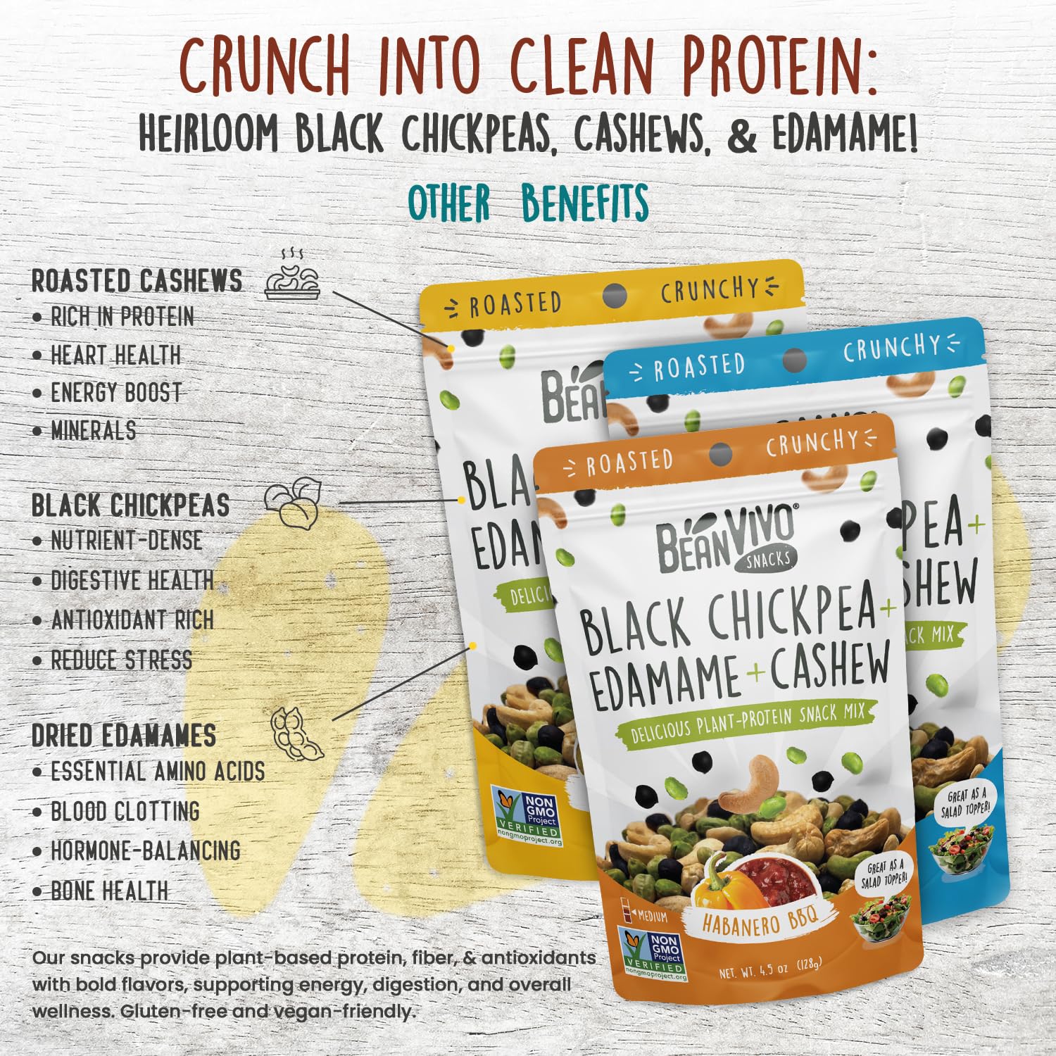 BeanVIVO Healthy Snacks for Adults & Kids with 7g Protein & 5g Fiber per Serving with Dried Edamame, Roasted Cashew and Chickpeas - Vegan & Gluten