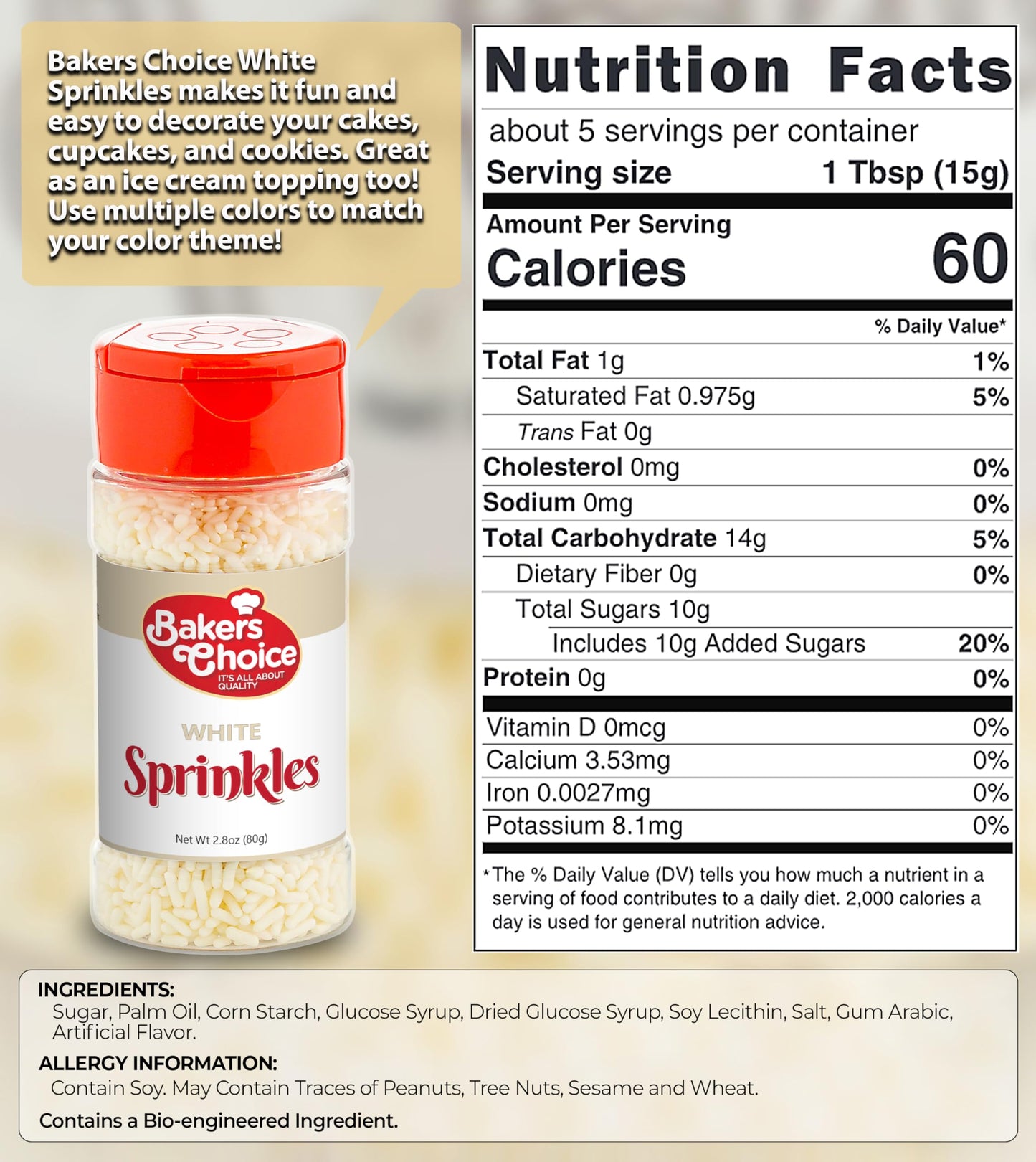 Bakers Choice White Sprinkles for Baking - Jimmies Sprinkles for Ice Cream Toppings - Dairy Free, Kosher 2.8 oz.