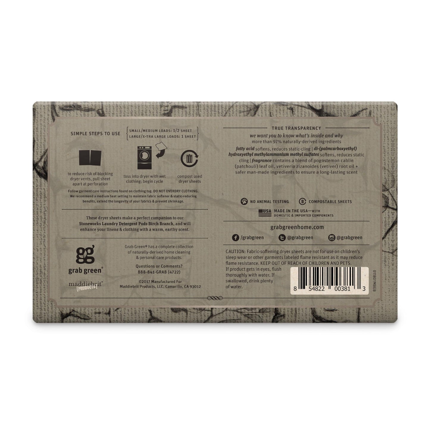 Grab Green, Stoneworks, Dryer Sheets, 80 Compostable Sheets (Birch Branch)