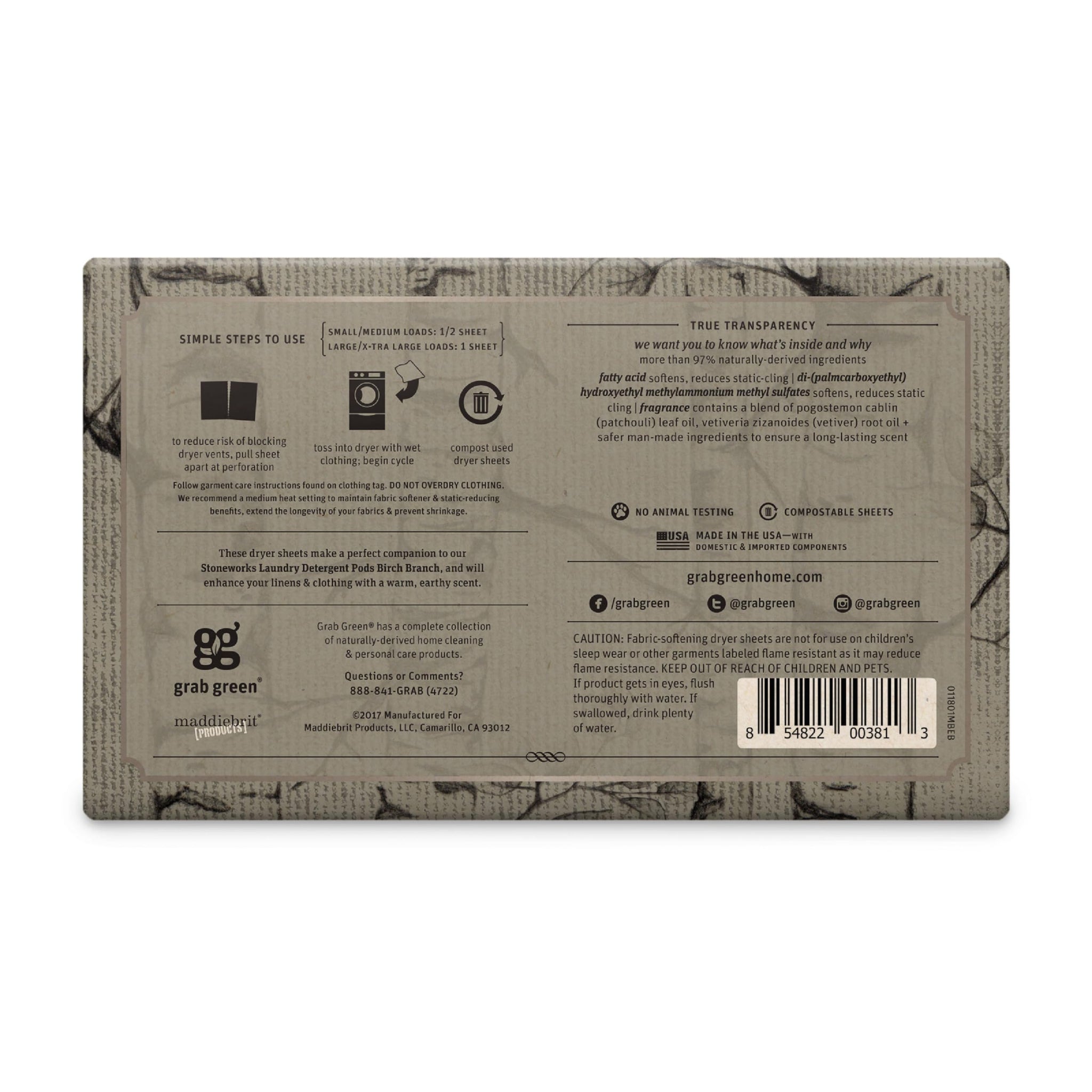 Grab Green, Stoneworks, Dryer Sheets, 80 Compostable Sheets (Birch Branch)