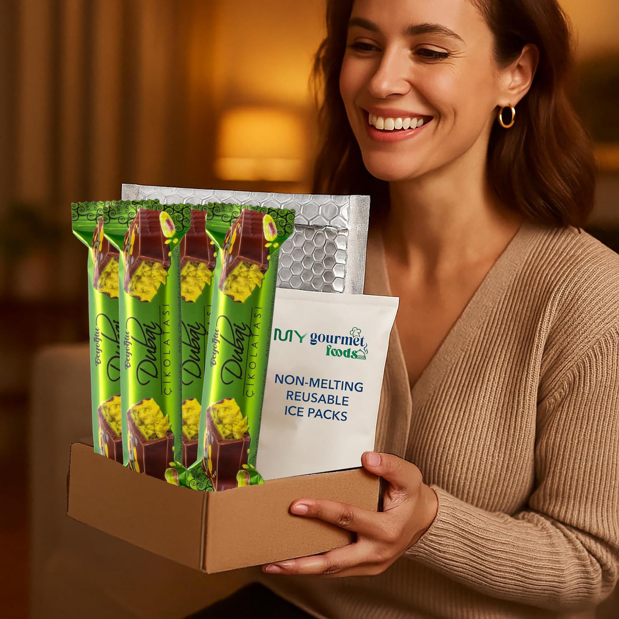 Beyoglu Dubai Chocolate 12-Pack - Milk Chocolate with Kadayif & Pistachio Cream (12 x 35g) - Ships Cold with My Gourmet Foods Thermal Bubble Mailer