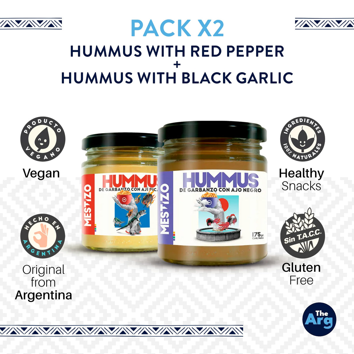 THEARG THE ARG | Pack Chickpeas Hummus with Black Garlic + Red Pepper | for Chips Crackers Bread and More | Natural Healthy Snacks