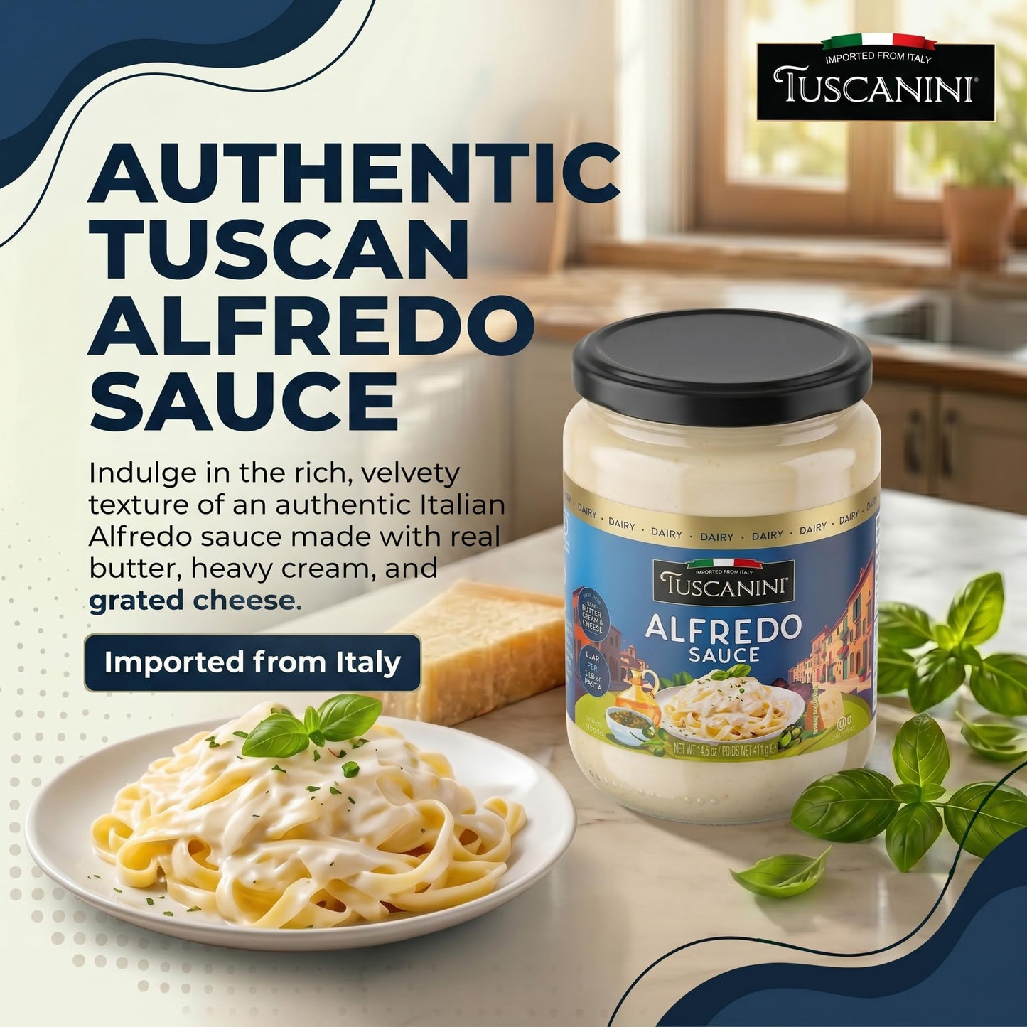 Tuscanini Alfredo Sauce, 14.1 oz | Imported from Italy | Made with Real Butter, Cream & Cheese | Rich Creamy White Pasta Sauce for Fettuccine