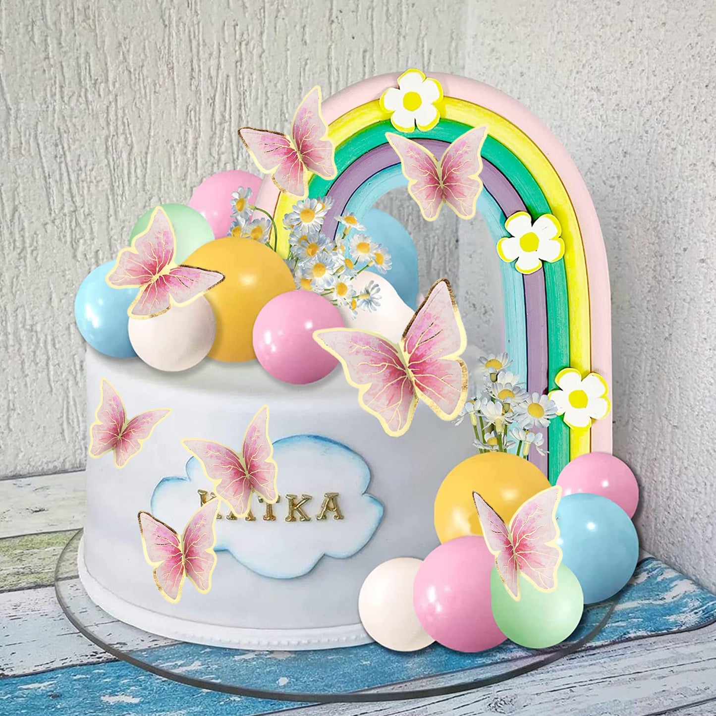 25PCS Rainbow Cake Topper Balls Cake Decorations Boho Cake Topper with Macaron Balls Artificial Flowers and Butterflies for Birthday Themed Supplies