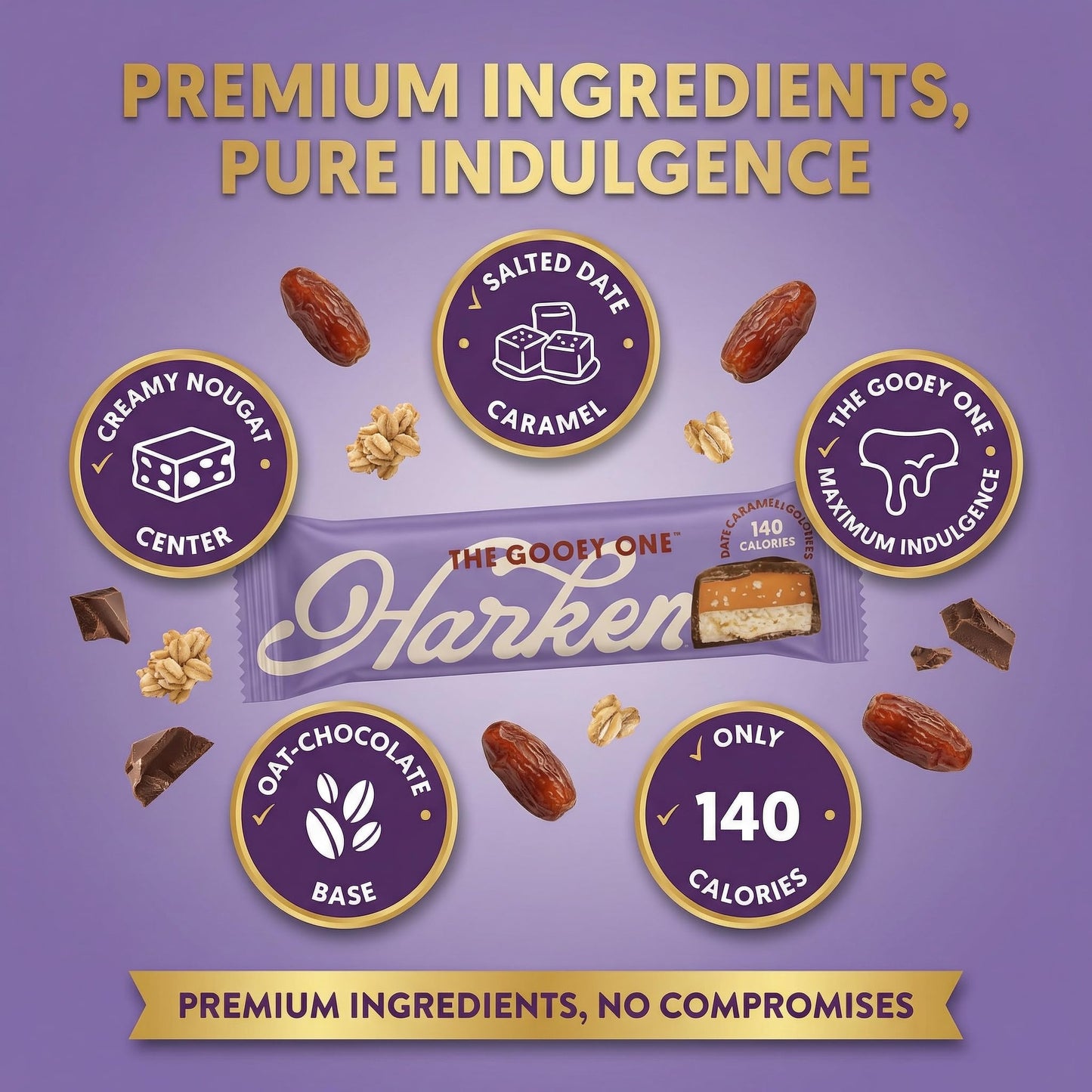 Harken Sweets Dates Salted Caramel Nougat - 1.41 oz Bar (Pack of 3) - Caramel Candy with Vegan Chocolate - Dairy Salted Snack