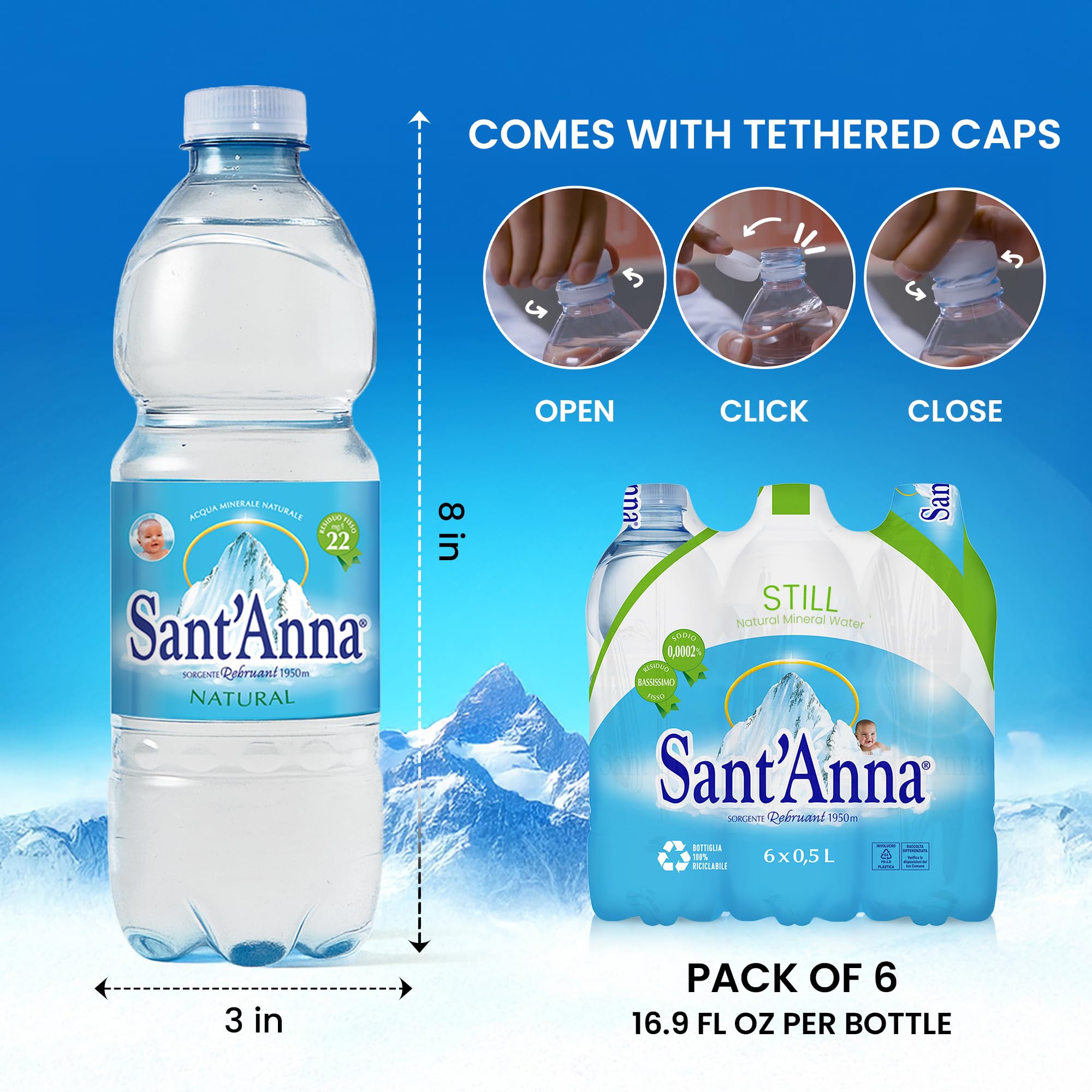 Sant'Anna Still Mineral Water, 16.9 Fl Oz Bottles (6-Pack) | Pure Italian Alps Mountain-Fresh Drinking Water | Natural Functional Drink | Sodium-Free