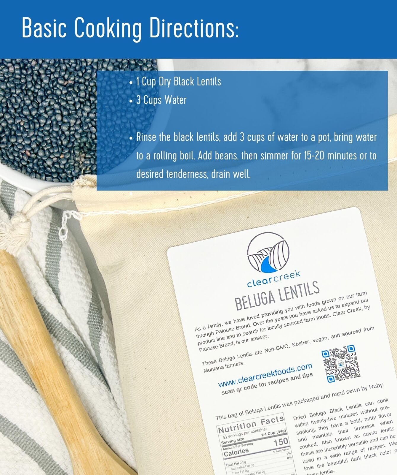 CLEAR CREEK Black Lentils | Caviar or Beluga Lentils | 25 lb Bucket | Non-GMO | Kosher | Vegan | Non-Irradiated