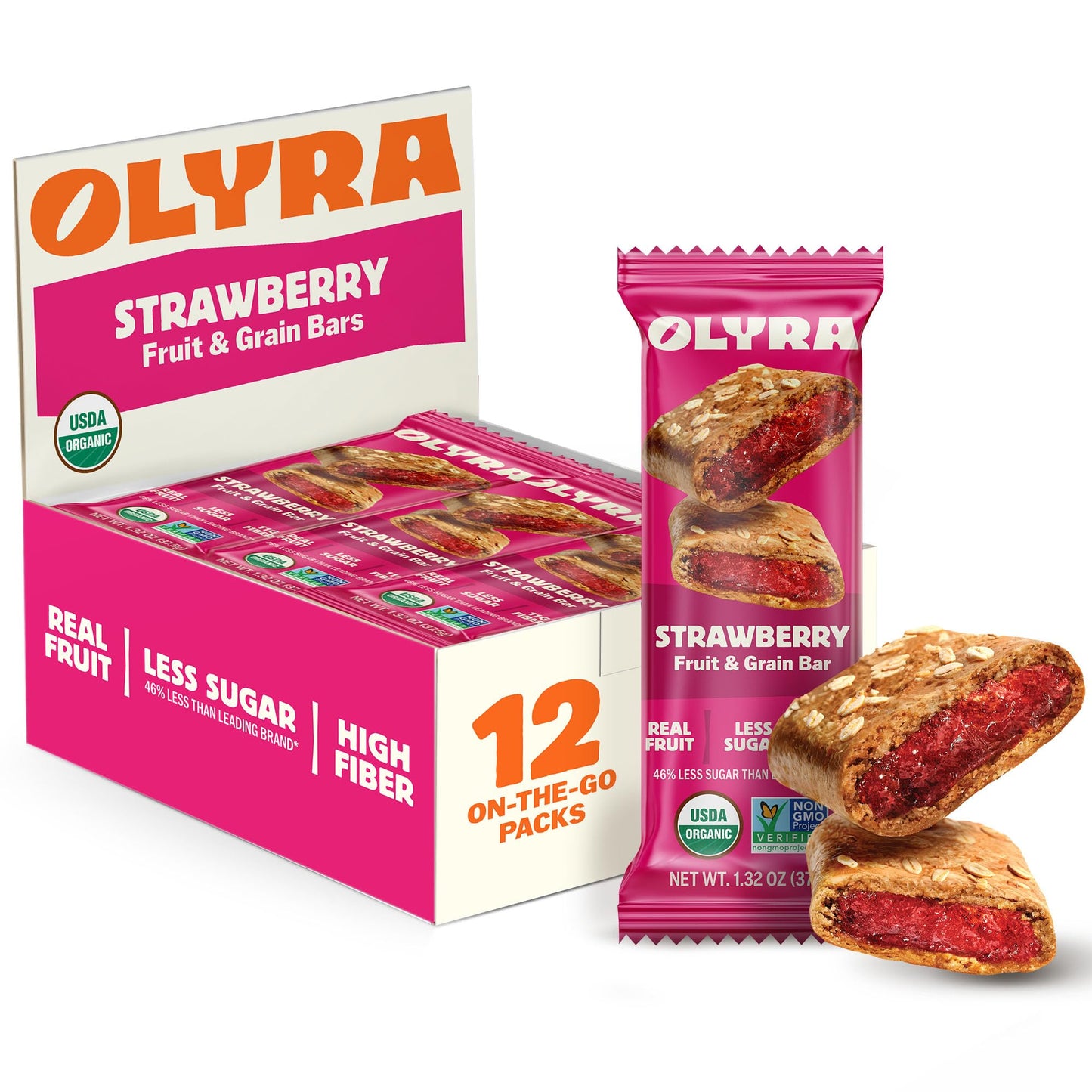 Olyra Strawberry Fruit Bars, Soft Baked, Prebiotic High Fiber Snack, Organic Snacks, Healthy Snacks for Adults and Kids, Low Sugar, Vegan, Office
