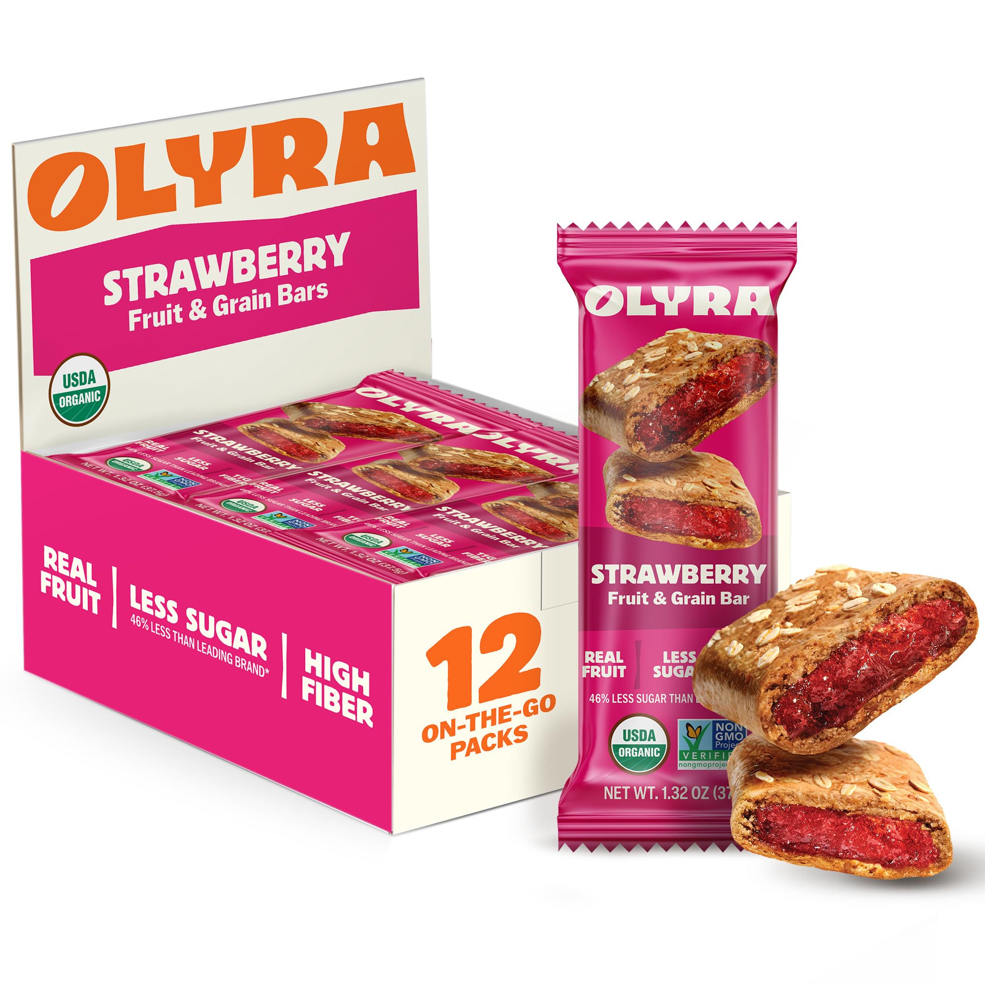 Olyra Strawberry Fruit Bars, Soft Baked, Prebiotic High Fiber Snack, Organic Snacks, Healthy Snacks for Adults and Kids, Low Sugar, Vegan, Office