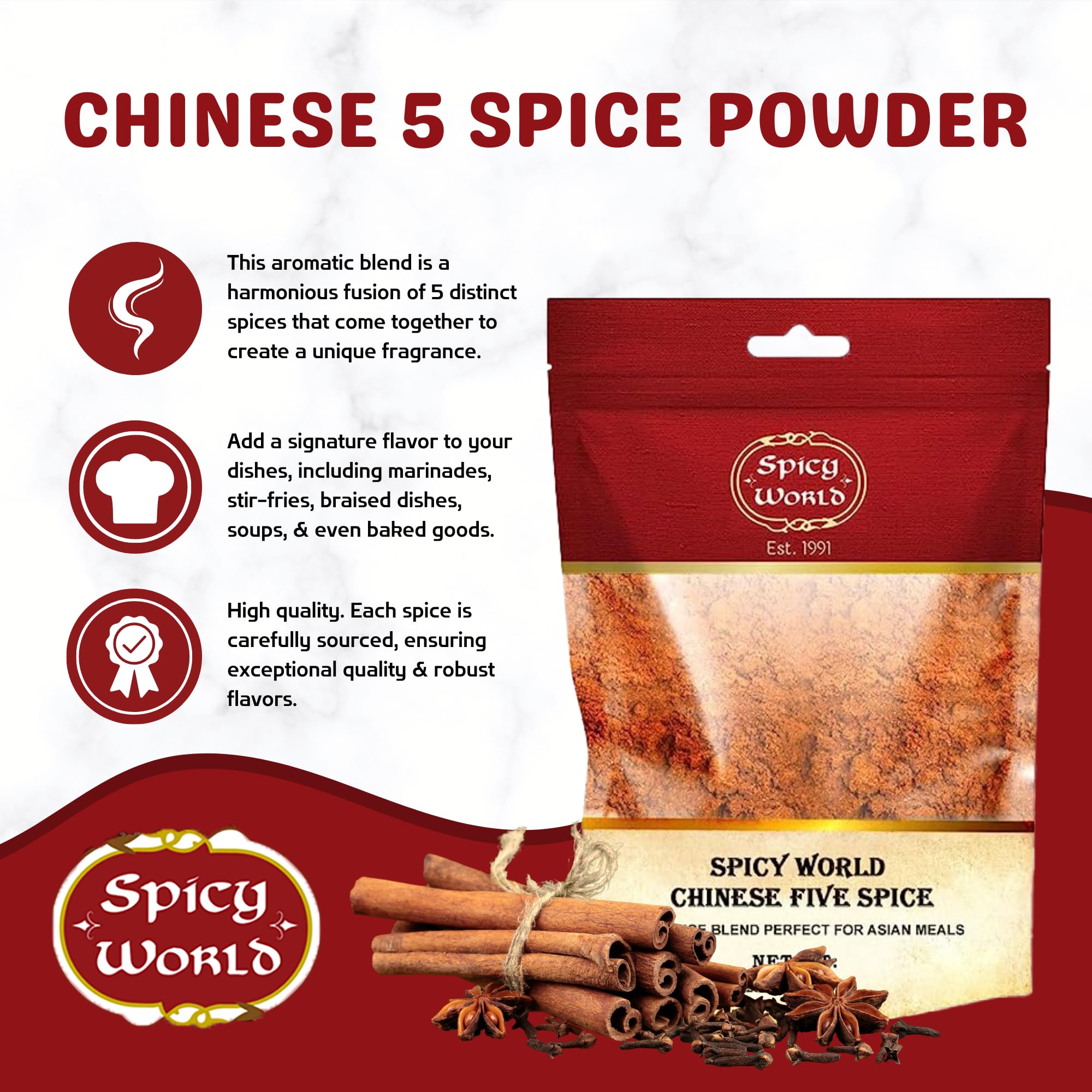 Spicy World Chinese Five Spice Powder 1.25 Pound (20oz) Bag - Great for Asian meals, Chinese 5 Spice Seasoning, Cinnamon, Fennel Seed, Cloves, Star