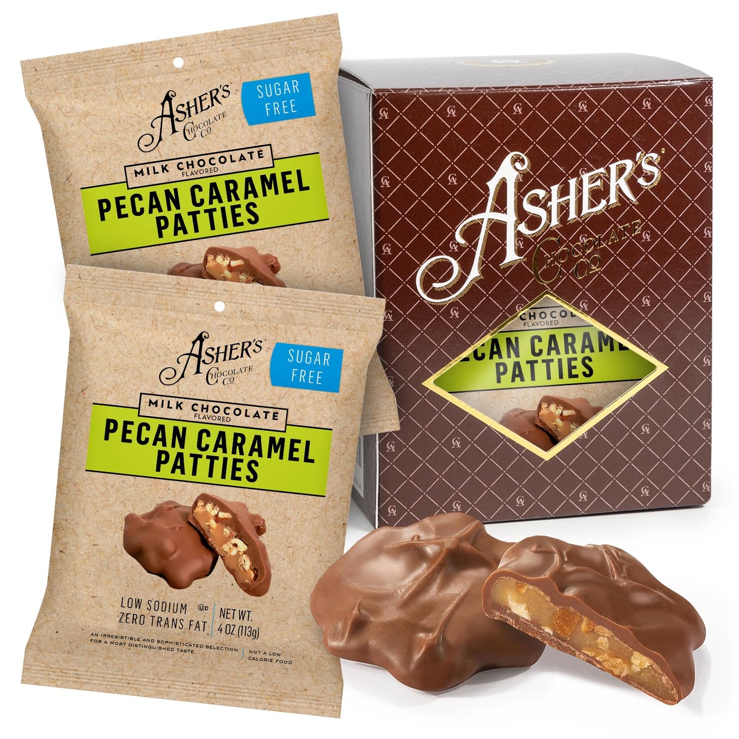 Asher's Chocolates, Sugar Free Pecan Caramel Patties, Milk Chocolate Assorted Keto Caramel Patty, Zero Sugar, Small Batches of Kosher Chocolate