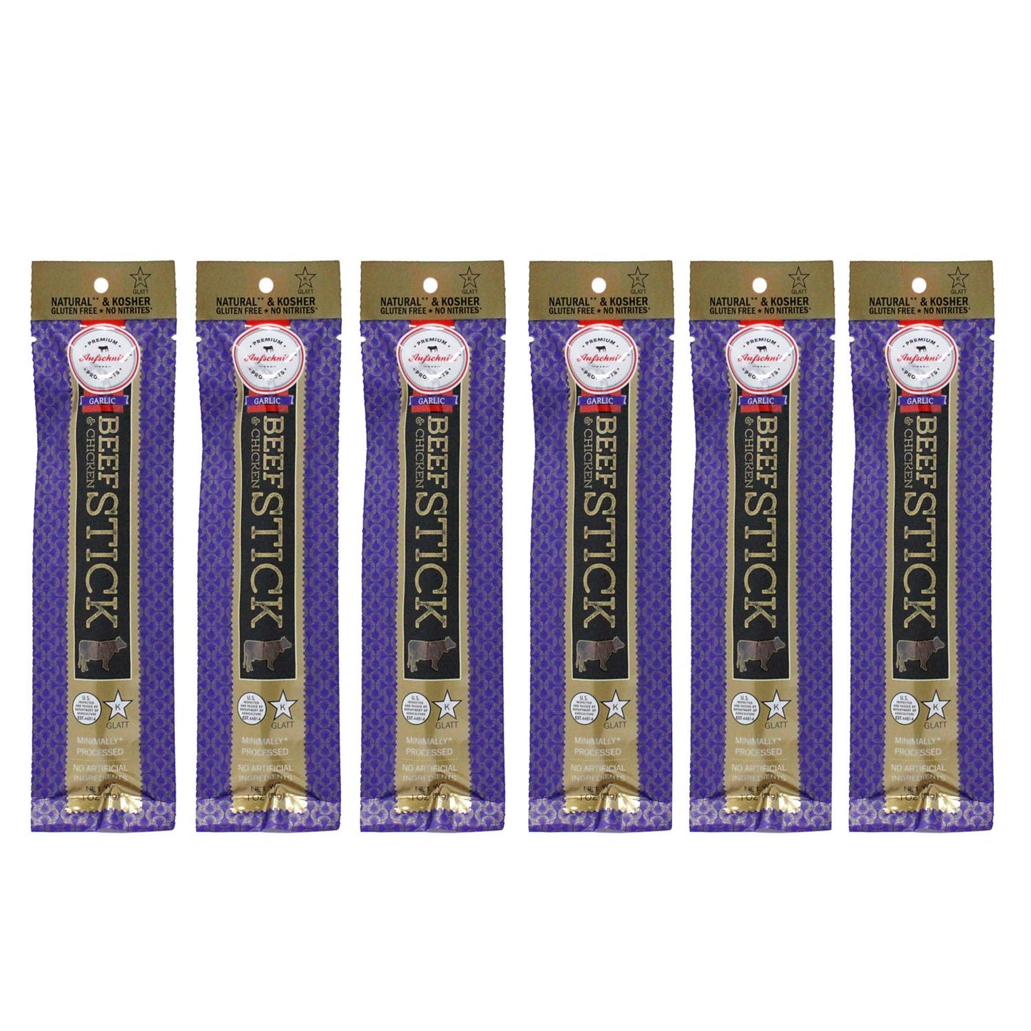 Aufschnitt Grass Fed Beef Jerky Sticks - Low Sodium, Certified Kosher - Made in USA - Keto Friendly - 6 Pack, Garlic