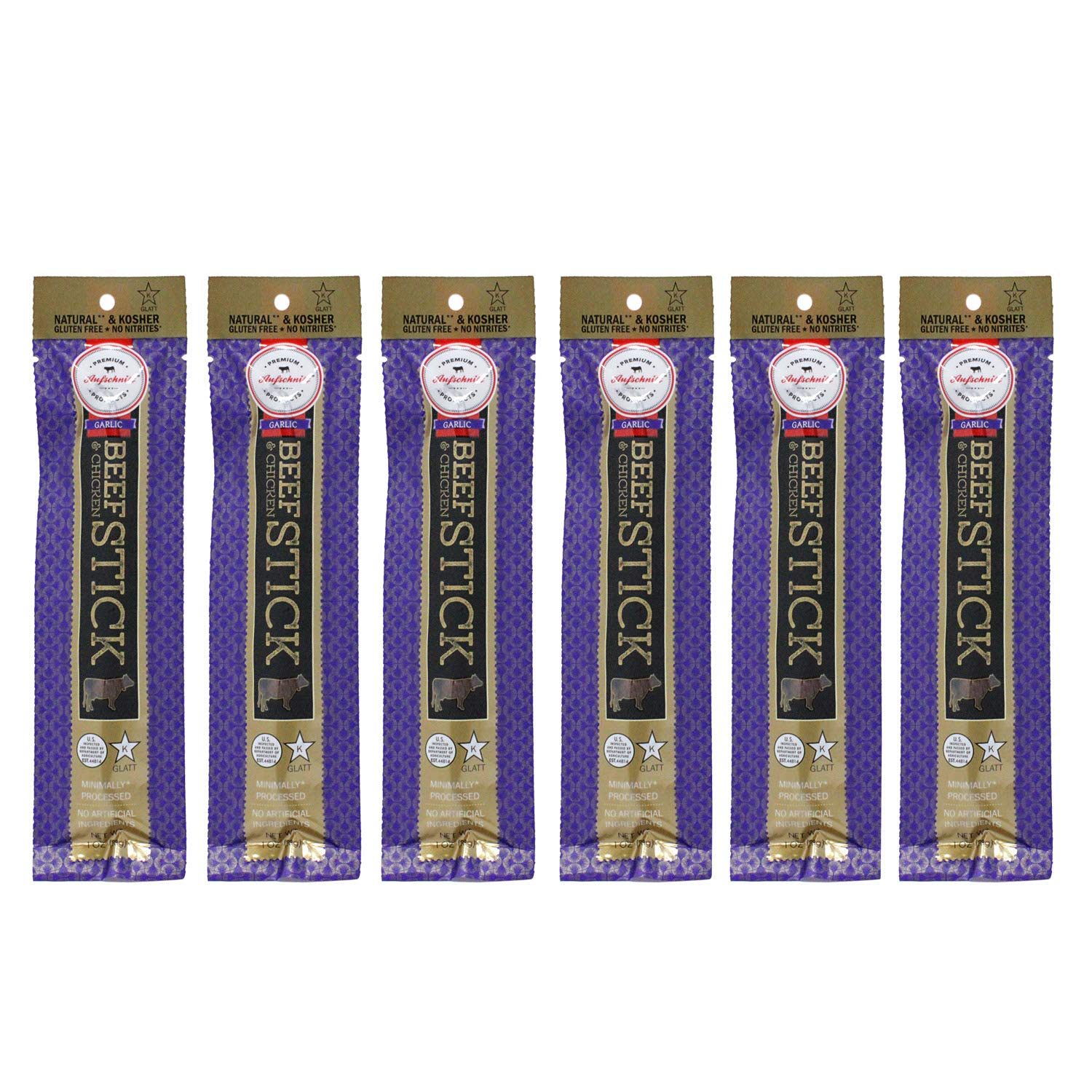 Aufschnitt Grass Fed Beef Jerky Sticks - Low Sodium, Certified Kosher - Made in USA - Keto Friendly - 6 Pack, Garlic