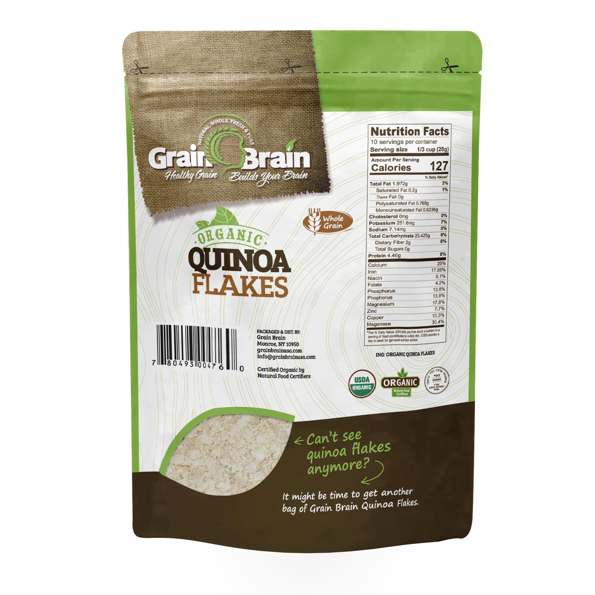 Grain Brain Organic Quinoa flakes (12 ounces) Gluten Free, Vegan plant BAsed, Whole Grain Cereal, Great oatmeal substitute, packed in resealable pouch bags