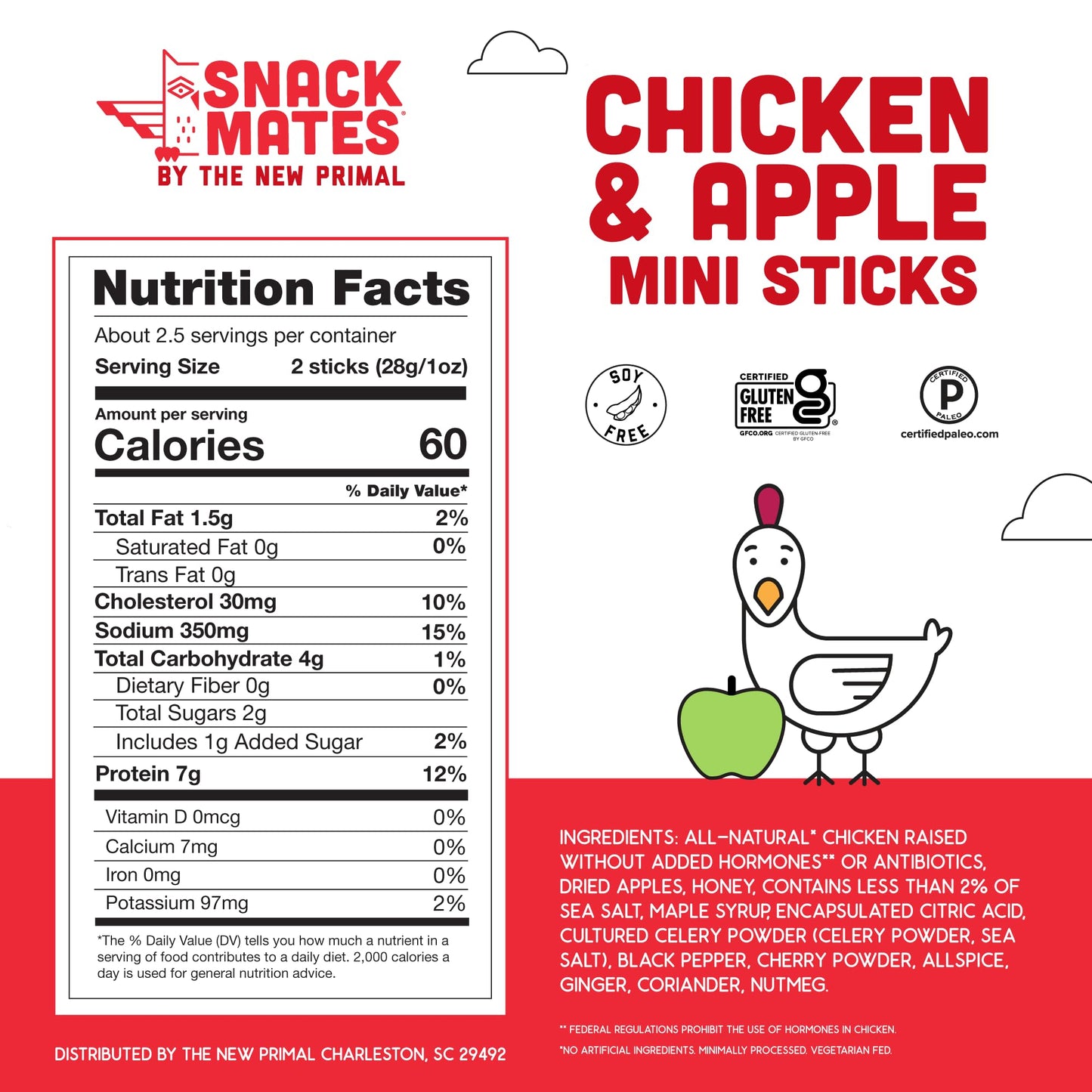 New Primal Snack Mates Chicken & Apple Sticks, Gluten Free Healthy Snacks for Kids, Low Sugar High Protein Back to School Snacks, Mini Paleo Jerky