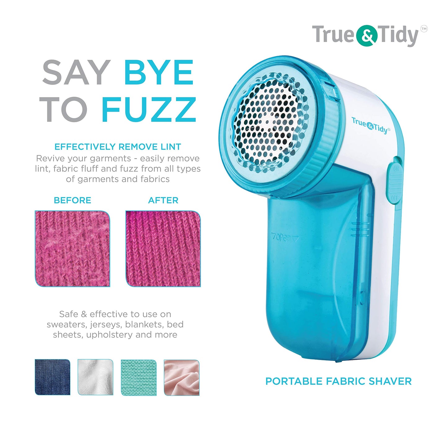 True & Tidy, Portable Fabric Shaver, Safely Removes Lint, Fabric Fluff and Fuzz Balls from All Types of Garments & Fabrics, LR-03, Aqua (Batteries not