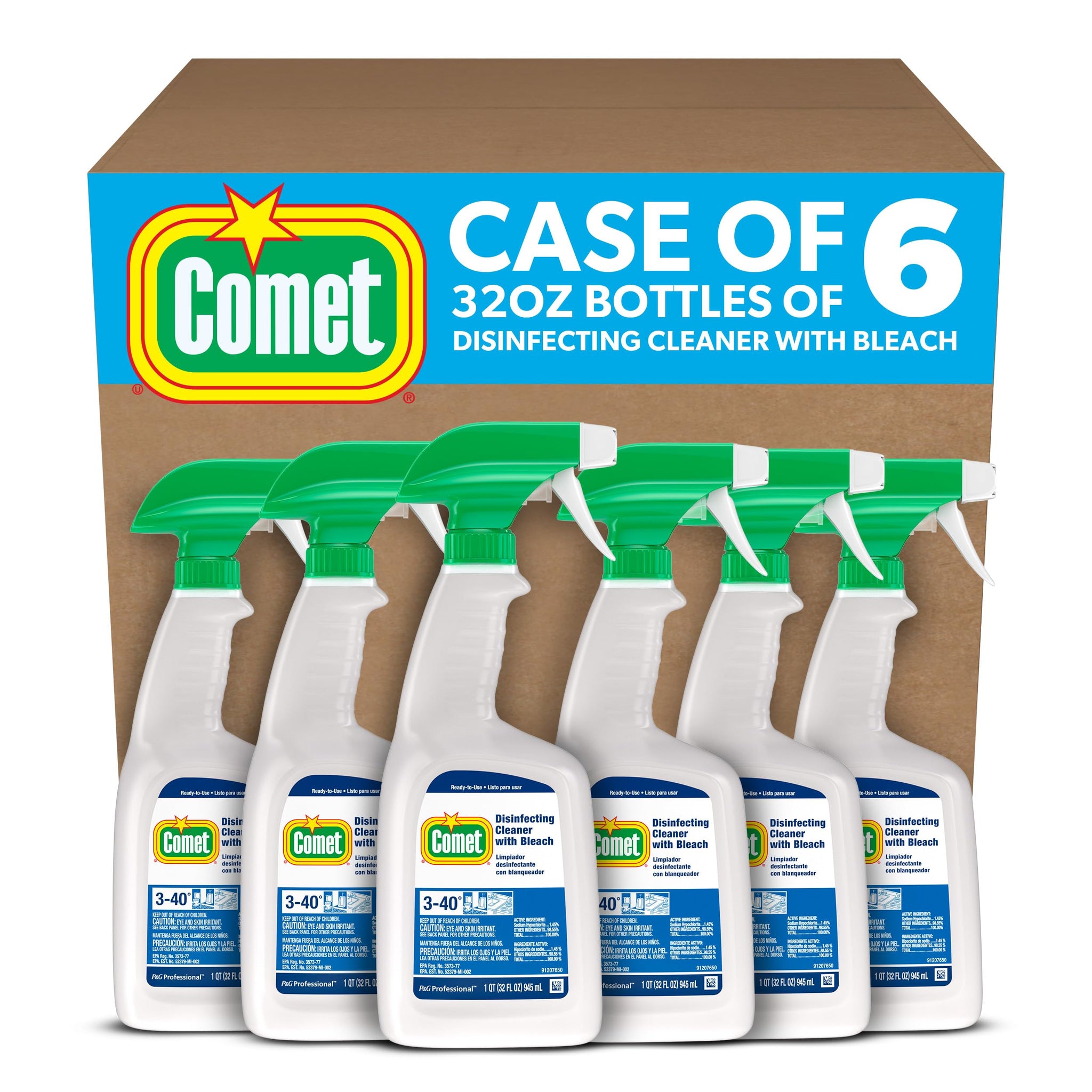 Comet Professional Multi Purpose Disinfecting Liquid Cleaner with Bleach Spray for Commercial Use, 32 fl oz (Case of 6)