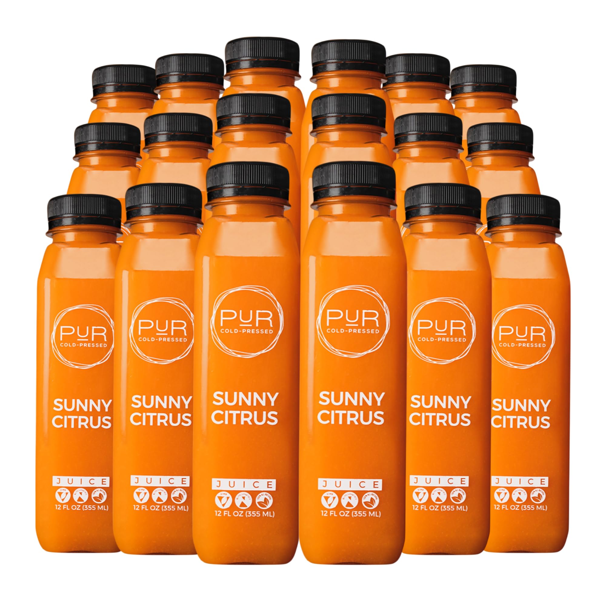 PUR Cold Pressed Daily Juice Kit | Cold-Pressed Juice for Cleanse, Hydration & Digestion | Electrolytes & Antioxidants (12 fl oz - 18 Pack, Sunny