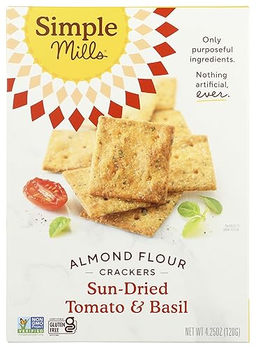 Simple Mills Almond Flour Crackers, Sundried Tomato & Basil, Gluten Free, Flax Seed, Sunflower Seeds, Corn Free, Good for Snacks, Made with whole