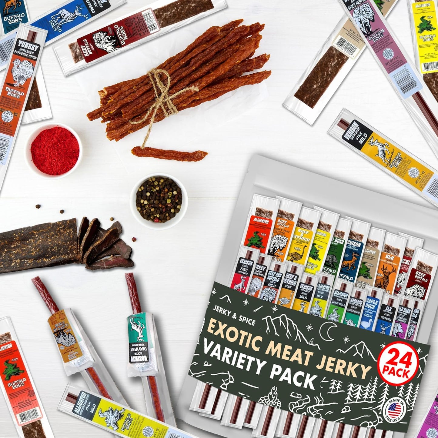 Buffalo Bob's Wild Game Meat Snacks | Beef Jerky Snack Pack | Flavorful Strips & Sticks | Exotic Beef Jerky Gift Basket | Meat Variety Snack | Ideal