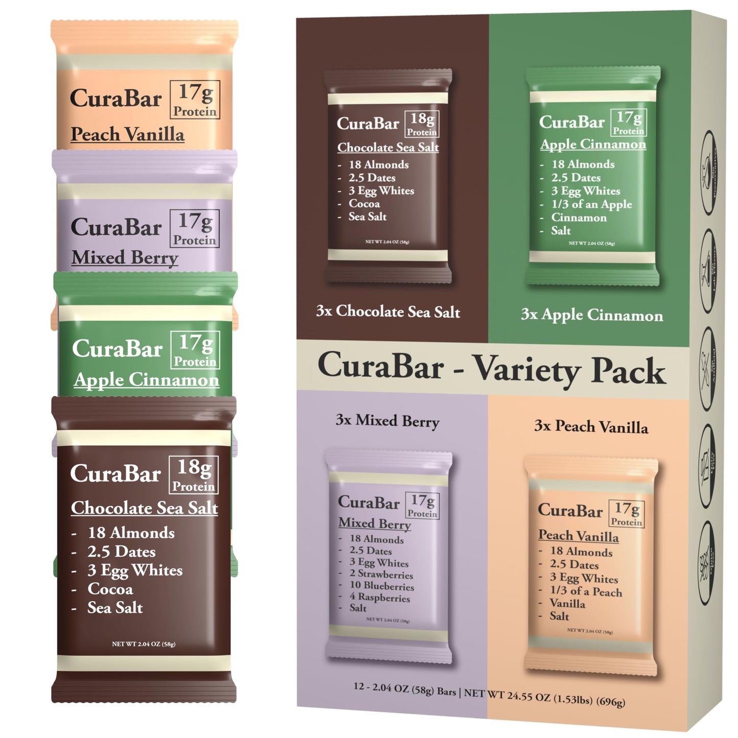 CuraBar Protein Bars - Variety Pack (4 Flavors), 17g Protein, Low Carb, Gluten Free, Dairy Free, Healthy Snack, Seed Oil Free, No Artificial