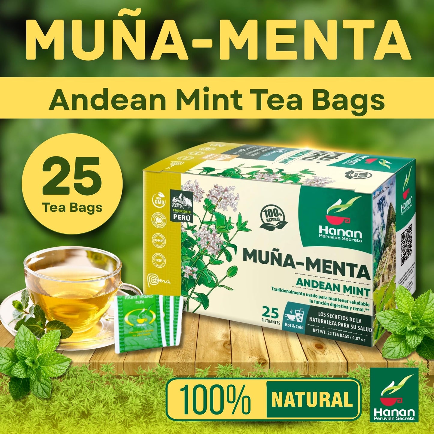 Hanan Muña Tea Bags - 100% Natural Andean Mint Herbal Tea from Peru, 25 Bags of Traditional Té de Muña del Perú, Caffeine-Free for Digestion, Fresh