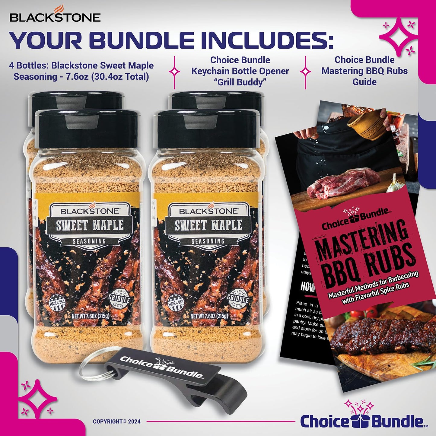 Blackstone Sweet Maple Seasoning - Gourmet Griddle Premium Barbecue Rub 4 Pk (30.4 oz) + BBQ Masters & Opener (6 Items)!