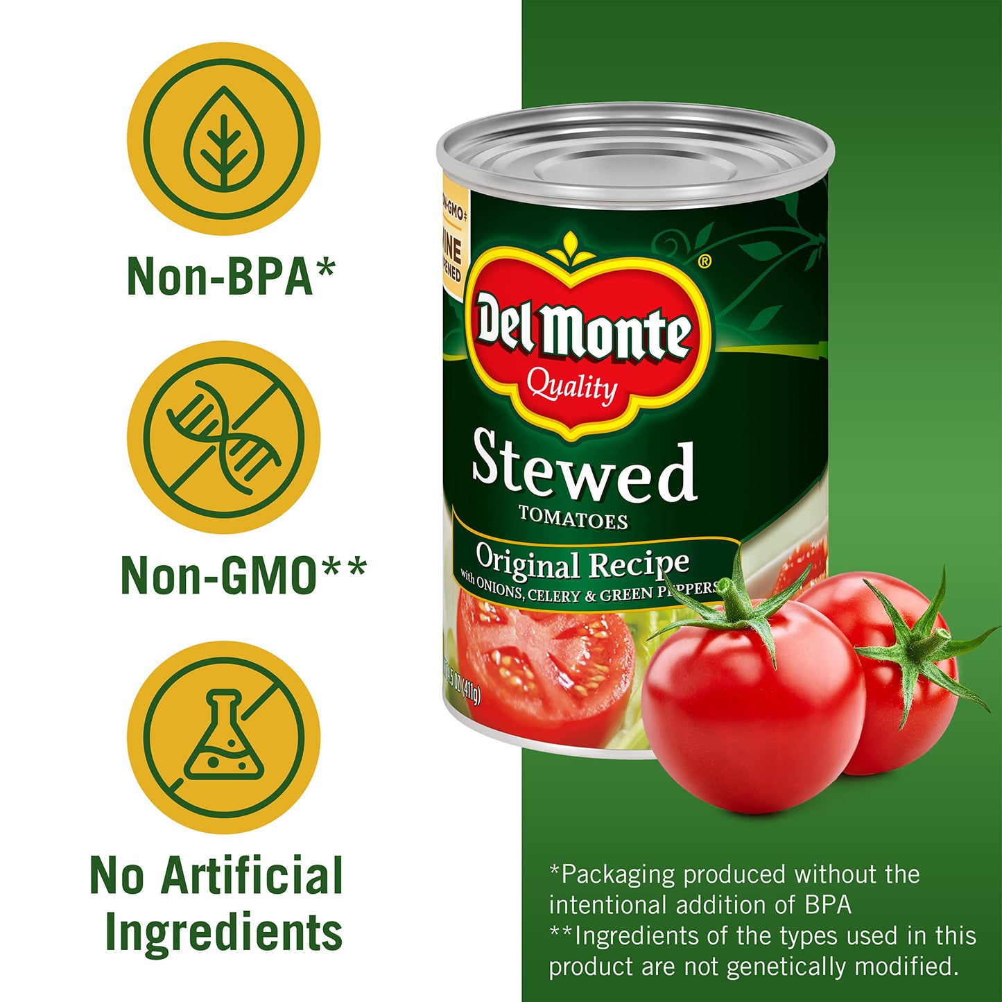Del Monte Original Recipe Stewed Tomatoes with Onions, Celery & Green Peppers, Canned Tomatoes, 14.5 oz Can