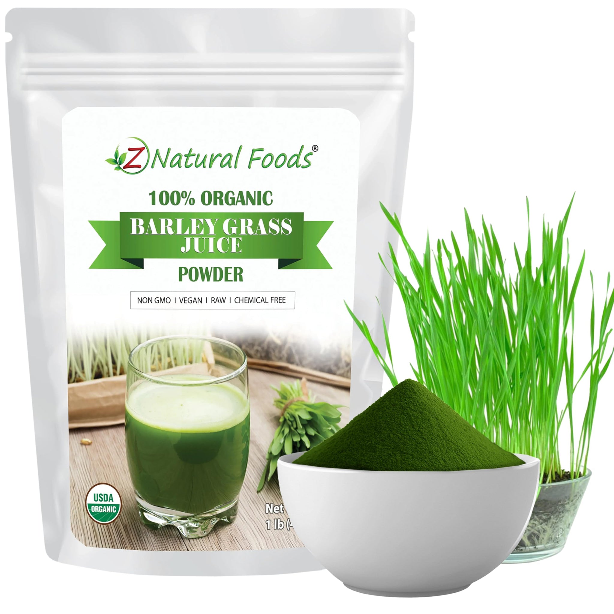 Z Natural Foods Organic Barley Grass Juice Powder - Made in USA, USDA Organic Nutrient-Dense Green Drink Mix for Energy, Detox with Amino Acids