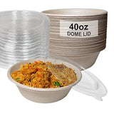 [25 Pack] 40 oz Round Disposable Compostable Paper Bowls with Dome Lids Heavy-Duty, Eco-Friendly Natural Bagasse Unbleached, Heat Resistant, 100%