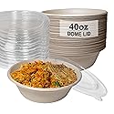 [25 Pack] 40 oz Round Disposable Compostable Paper Bowls with Dome Lids Heavy-Duty, Eco-Friendly Natural Bagasse Unbleached, Heat Resistant, 100%
