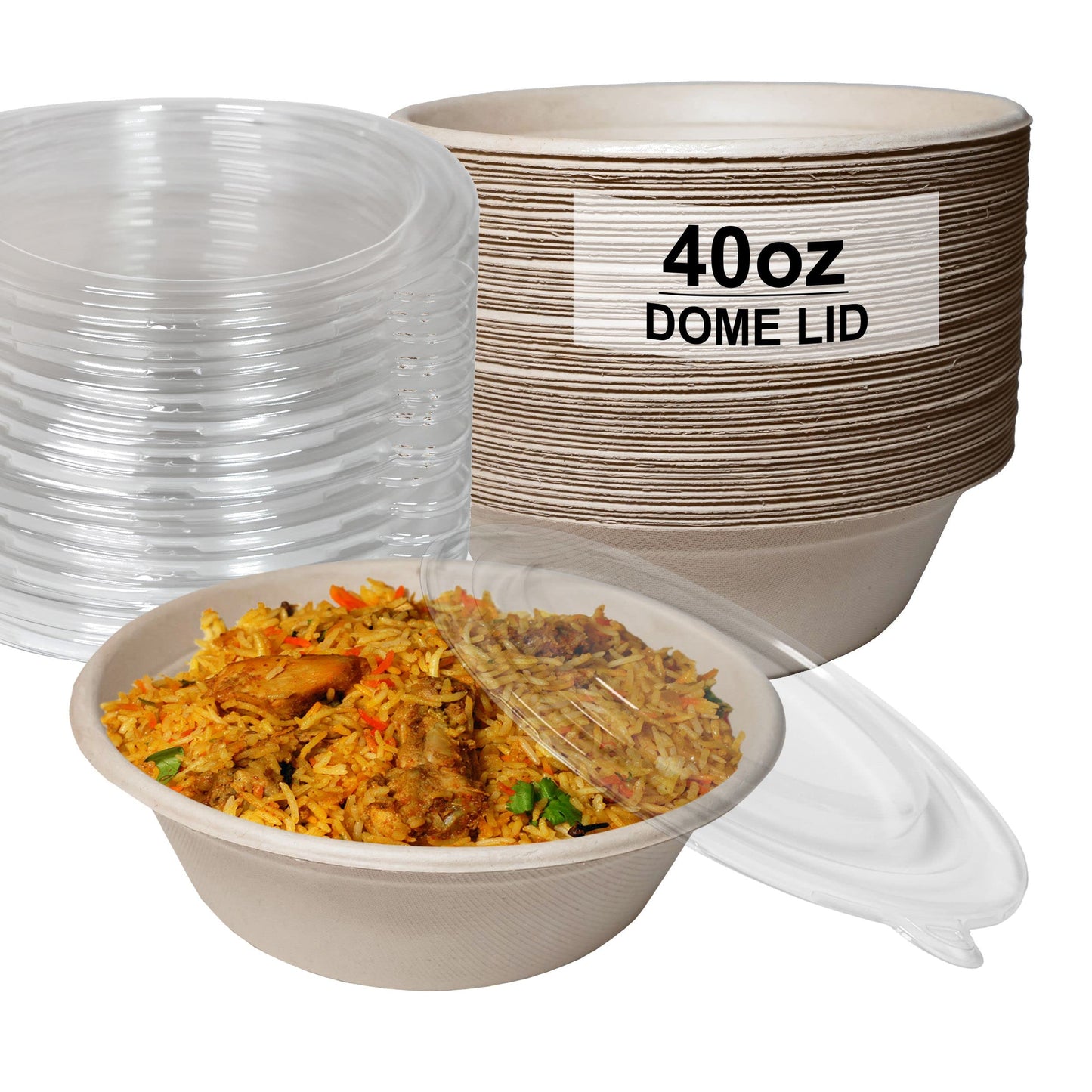 [25 Pack] 40 oz Round Disposable Compostable Paper Bowls with Dome Lids Heavy-Duty, Eco-Friendly Natural Bagasse Unbleached, Heat Resistant, 100%