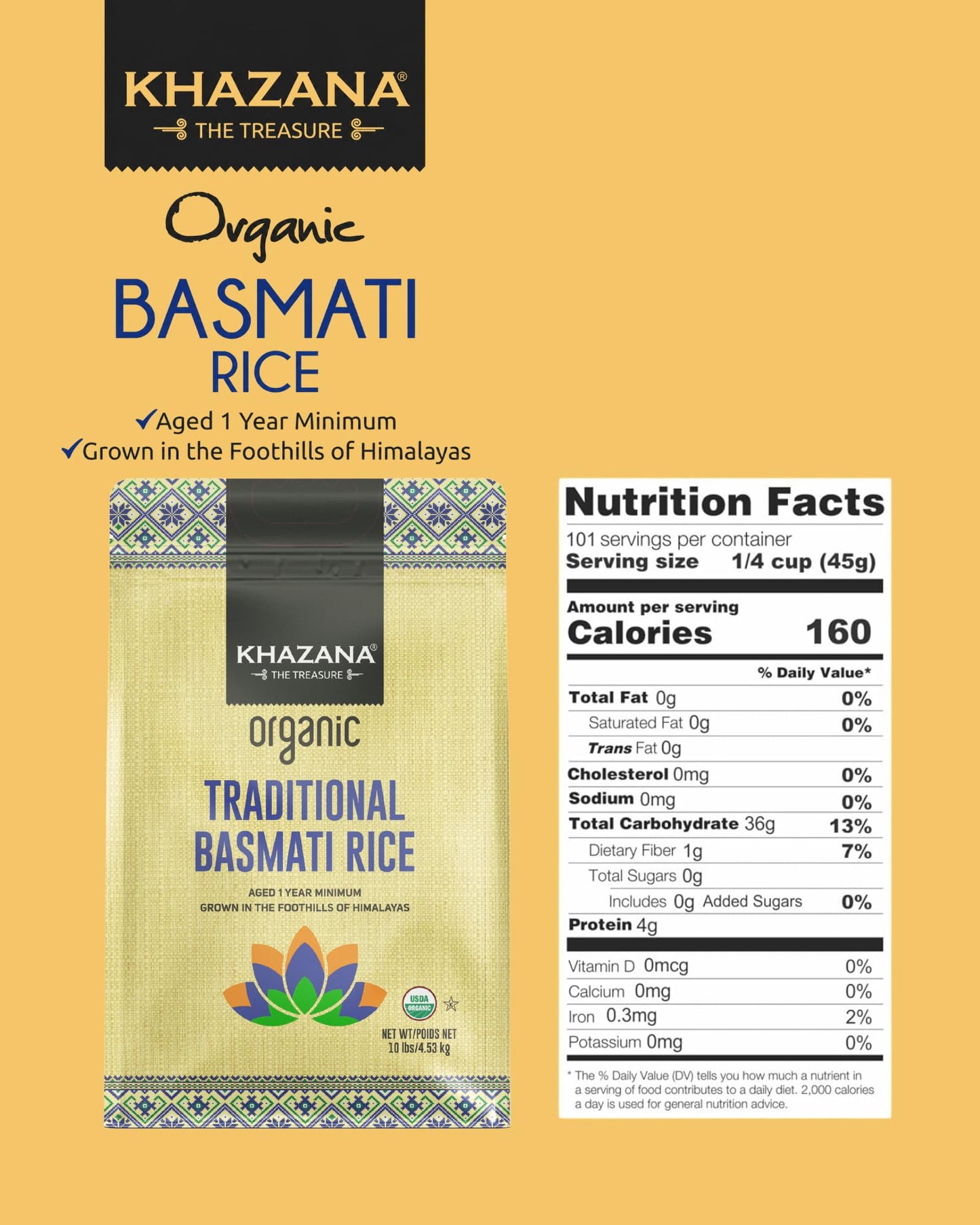 Authentic Organic Basmati Rice by Khazana in 10 lb Bag - Aromatic and Flavorful Indian Grain - Non-GMO, Gluten Free, Kosher, Cholesterol Free