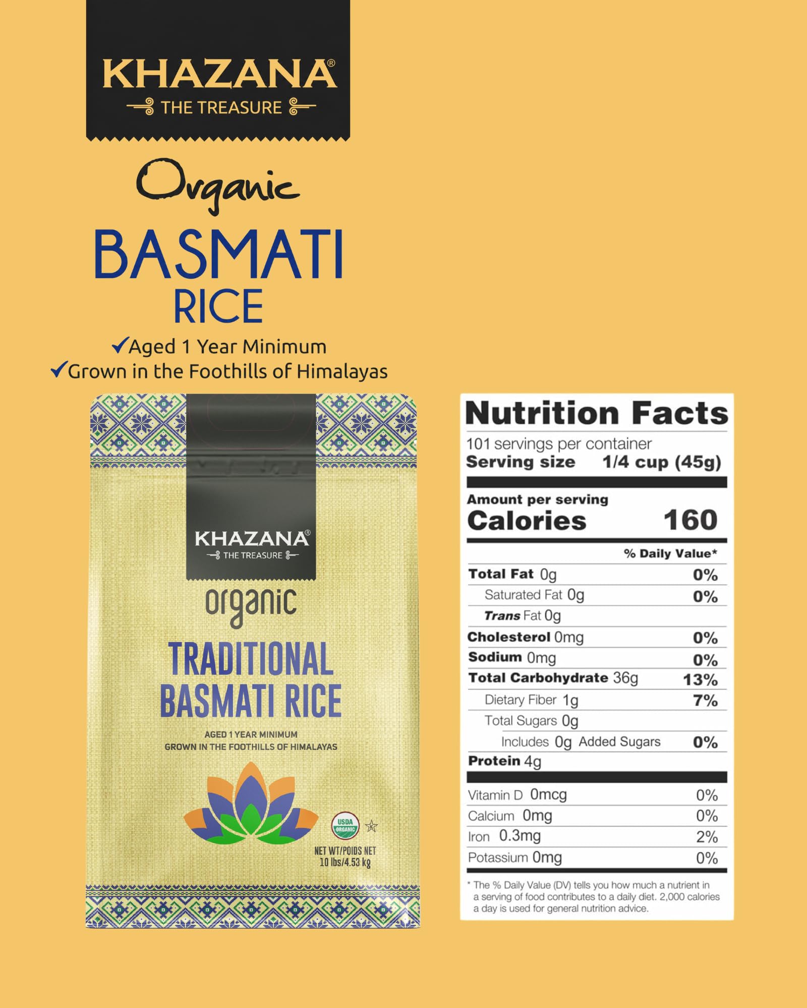 Authentic Organic Basmati Rice by Khazana in 10 lb Bag - Aromatic and Flavorful Indian Grain - Non-GMO, Gluten Free, Kosher, Cholesterol Free
