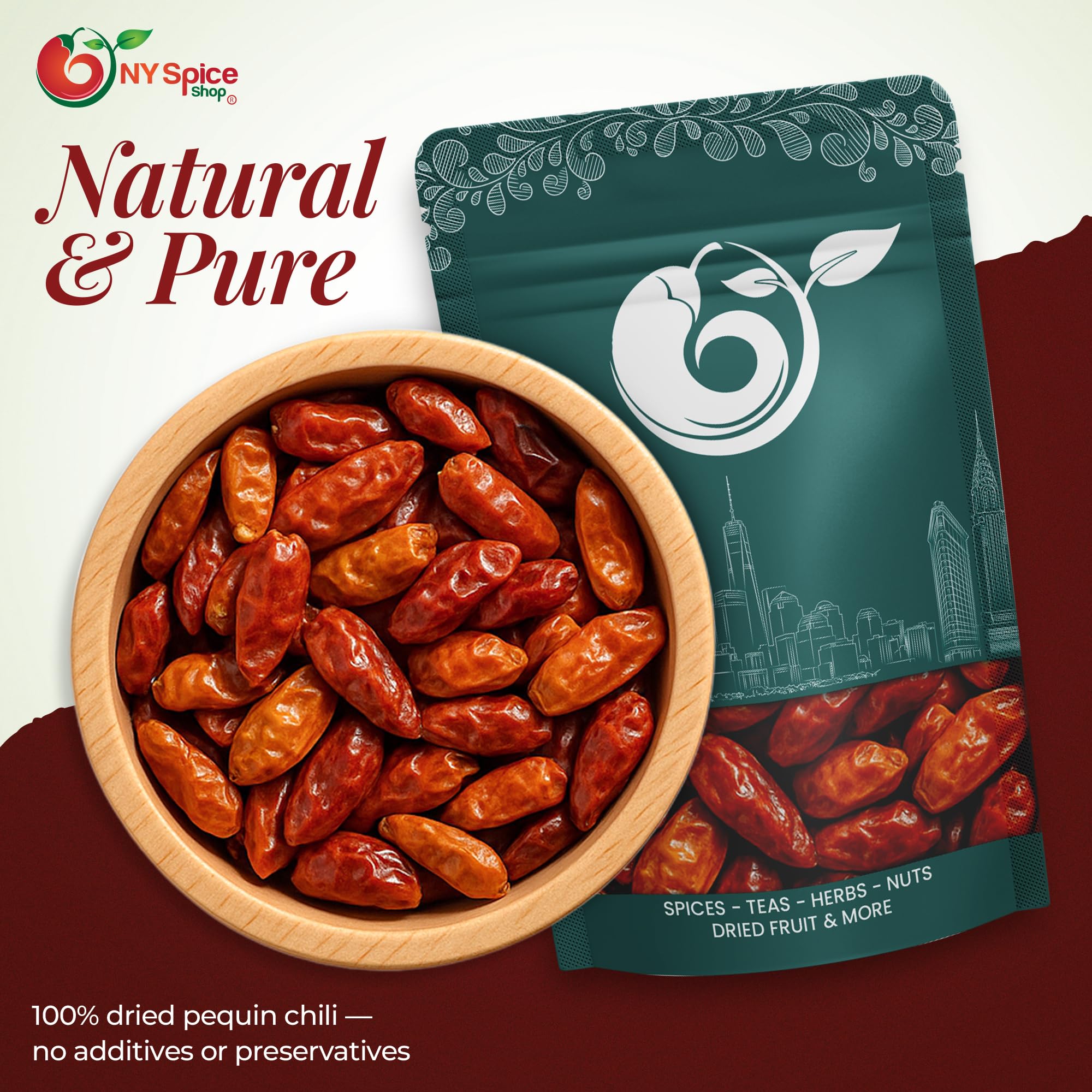 NY Spice Shop Chili Pequin Whole Dried - 1 Pound Dry Pequin Chili Pods - Whole Mexican Pequins Pepper & Mild Red Hot Pepper For Cooking, Sauces, Soups