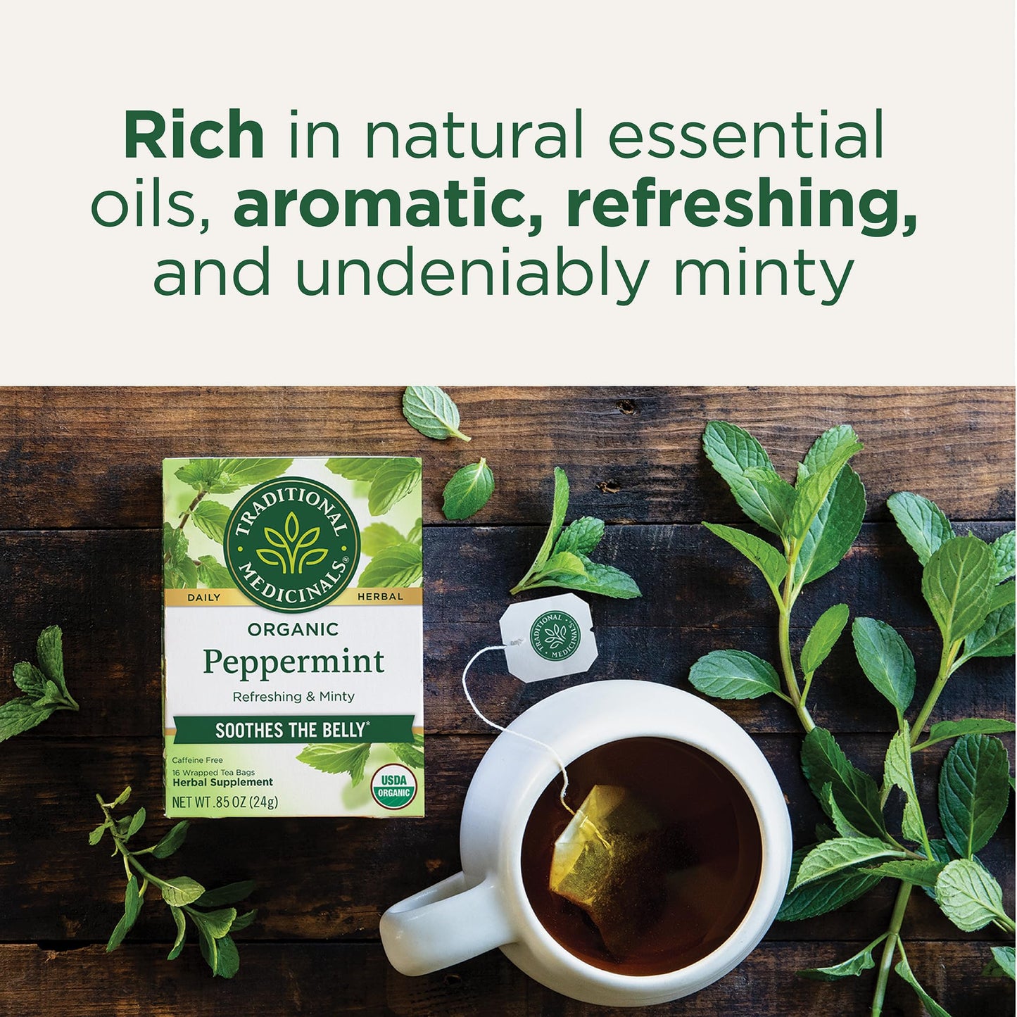 Traditional Medicinals Organic, Peppermint Tea - Helps Soothe Belly from Occasional Gas and Bloating - Kosher, Non-GMO, Caffeine-Free, Compostable