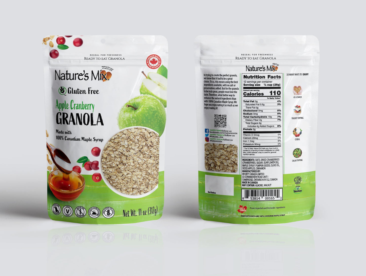 Gluten Free - Apple Cranberry Granola - Nut Free - Made with 100% Pure Maple Syrup - Vegan and Kosher Certified - 11 oz