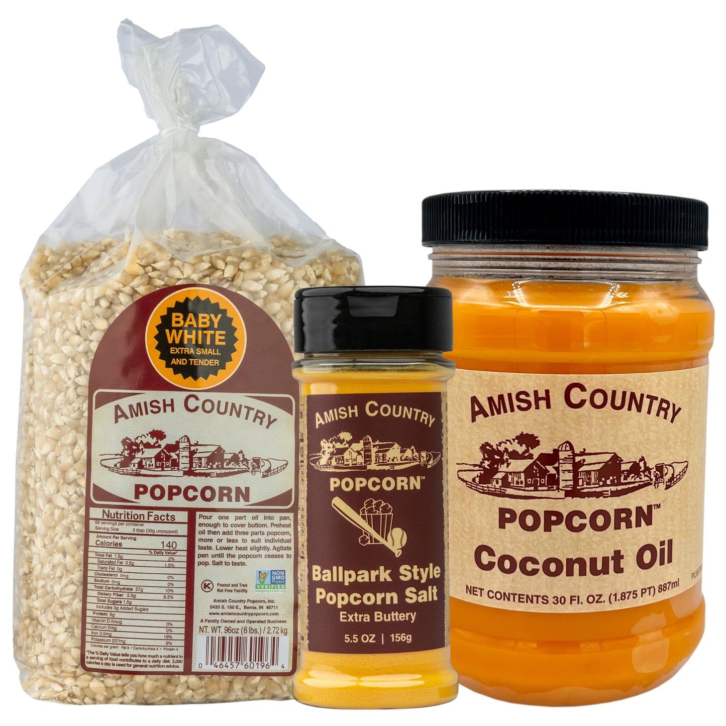 Amish Country Popcorn | 6 lb Baby White, 30 oz Cocounut Oil, 5.5 oz ButterSalt Bundle | Old Fashioned, Non-GMO and Gluten Free (Variety Bundle)