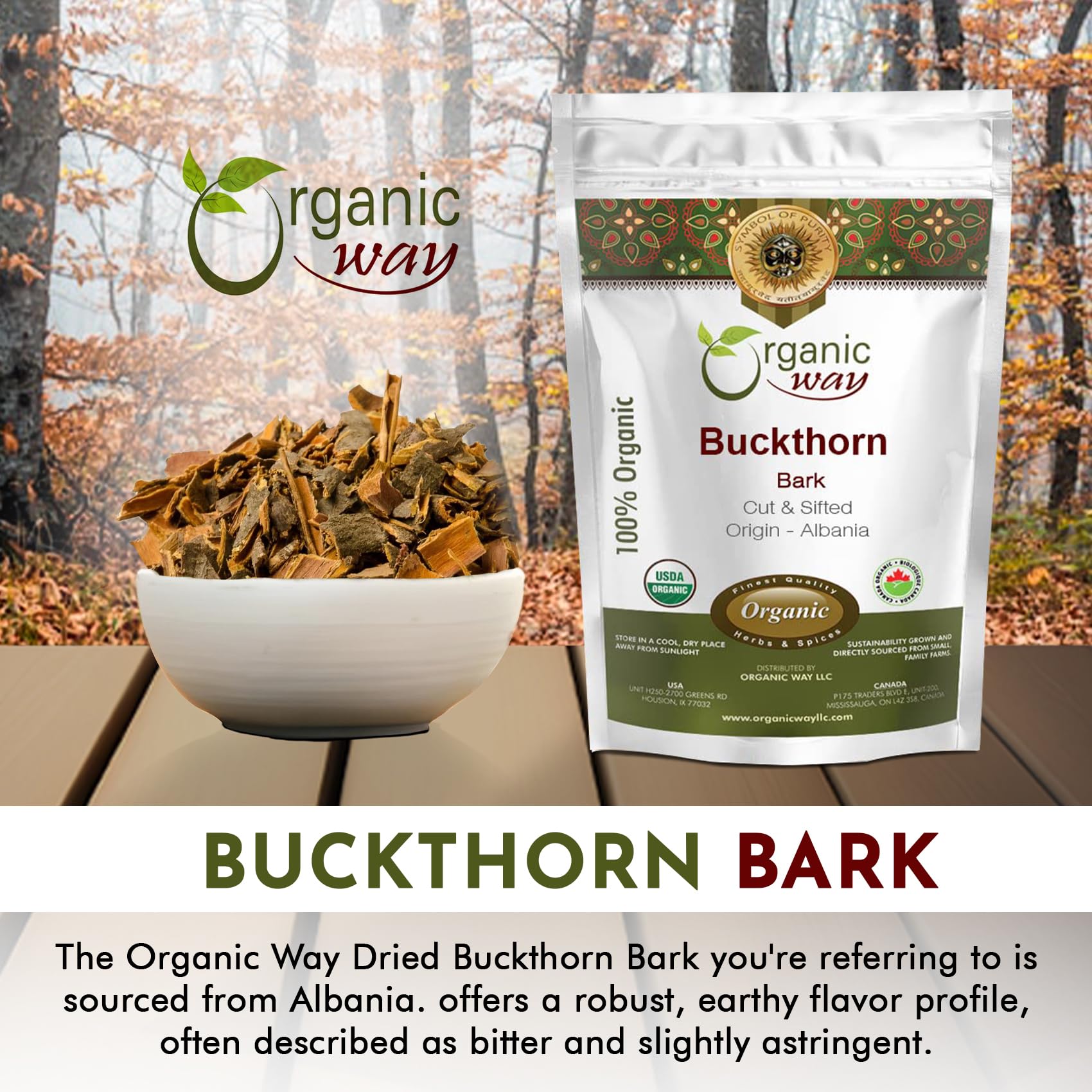 Organic Way Dried Buckthorn Bark (Frangula Alnus) Cut & Sifted - Organic & Kosher Certified | Raw, Vegan, Non GMO & Gluten Free | USDA Certified |