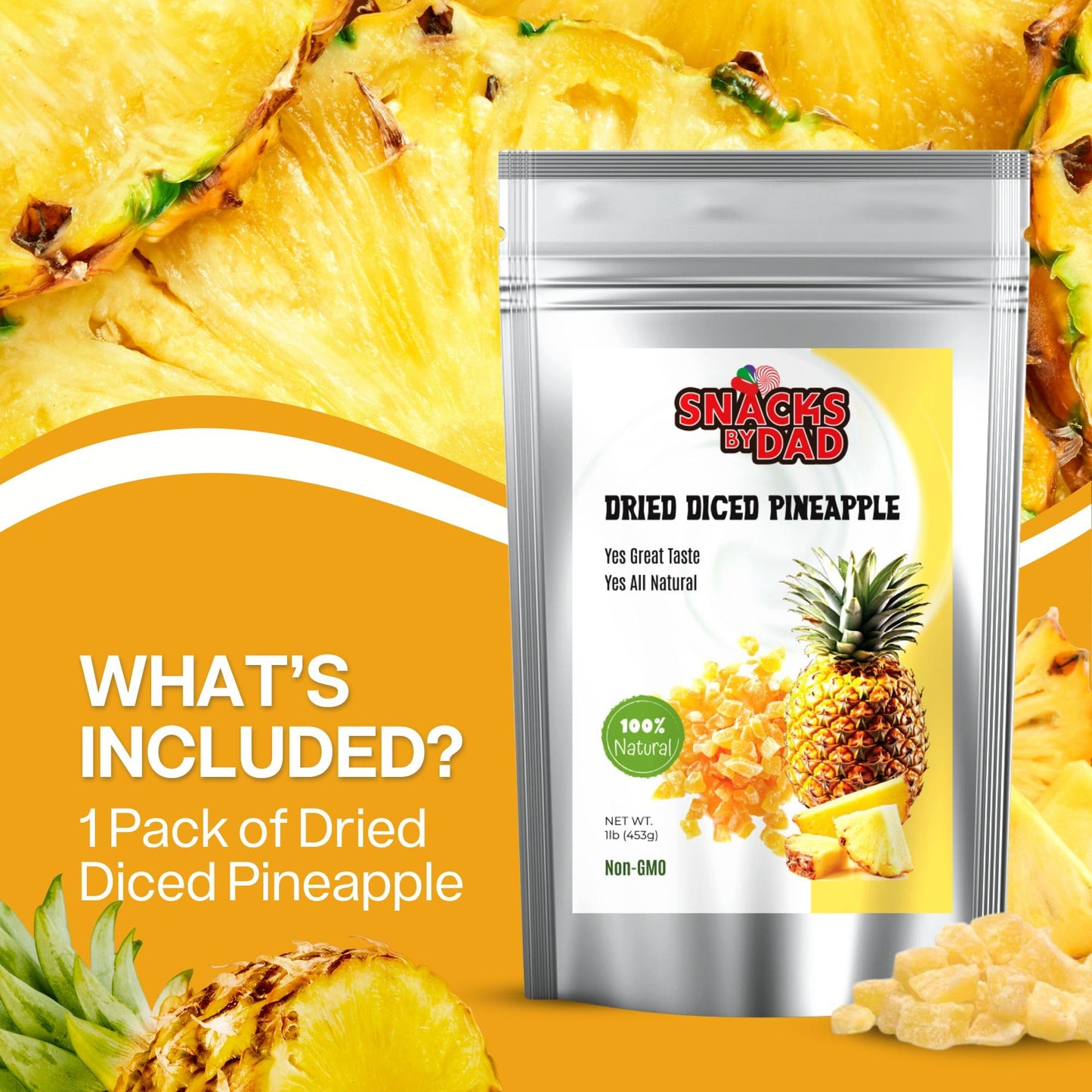 Snacks by Dad Sweetened Dried Diced Pineapple (1 lb) - Bite-Size Chewy Pineapple Pieces for Snacking, Baking, Granola & Trail Mix