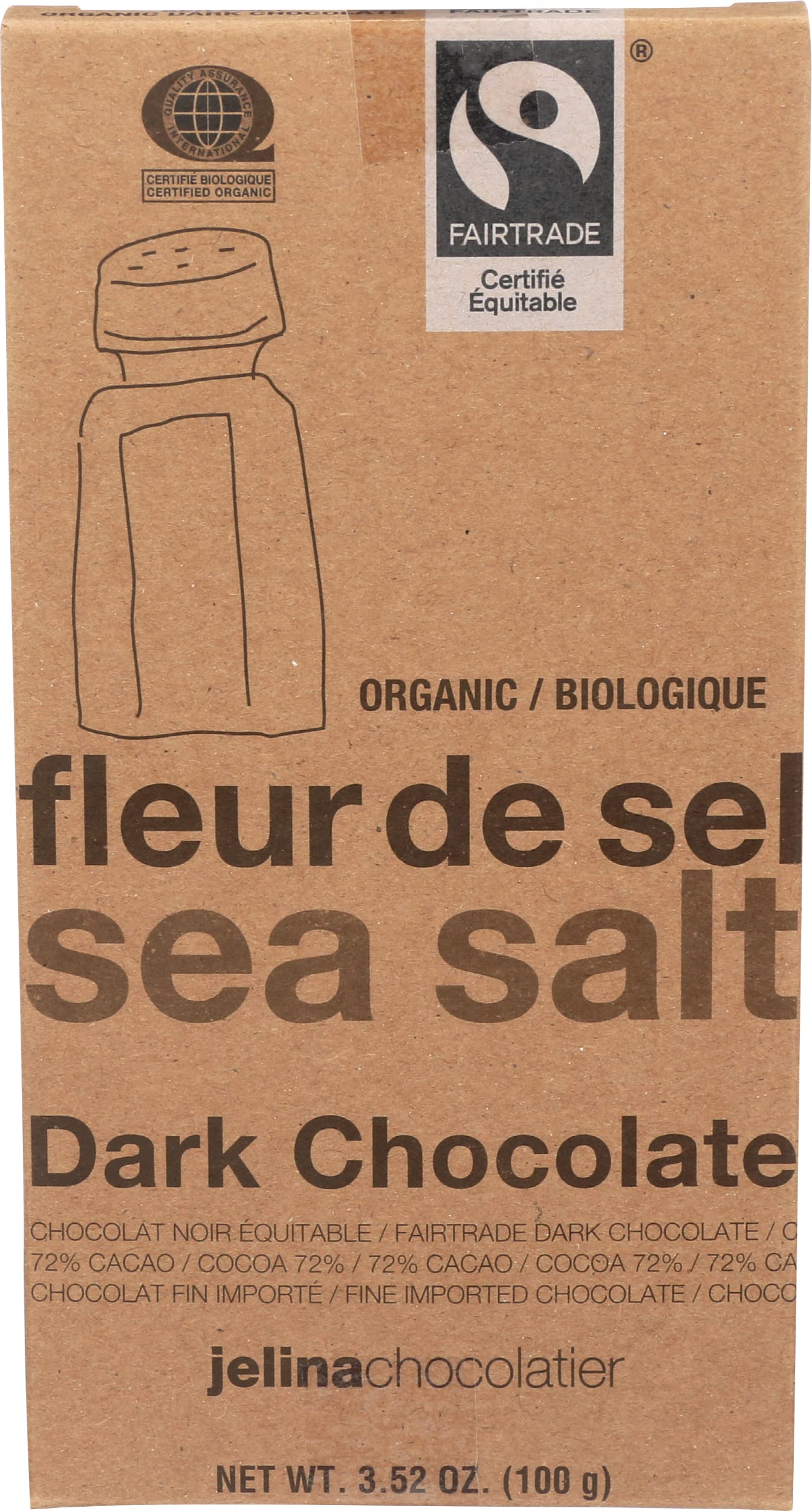 Jelina Chocolatier Organic Sea Salt Chocolate Bar 72%, 3.52 OZ