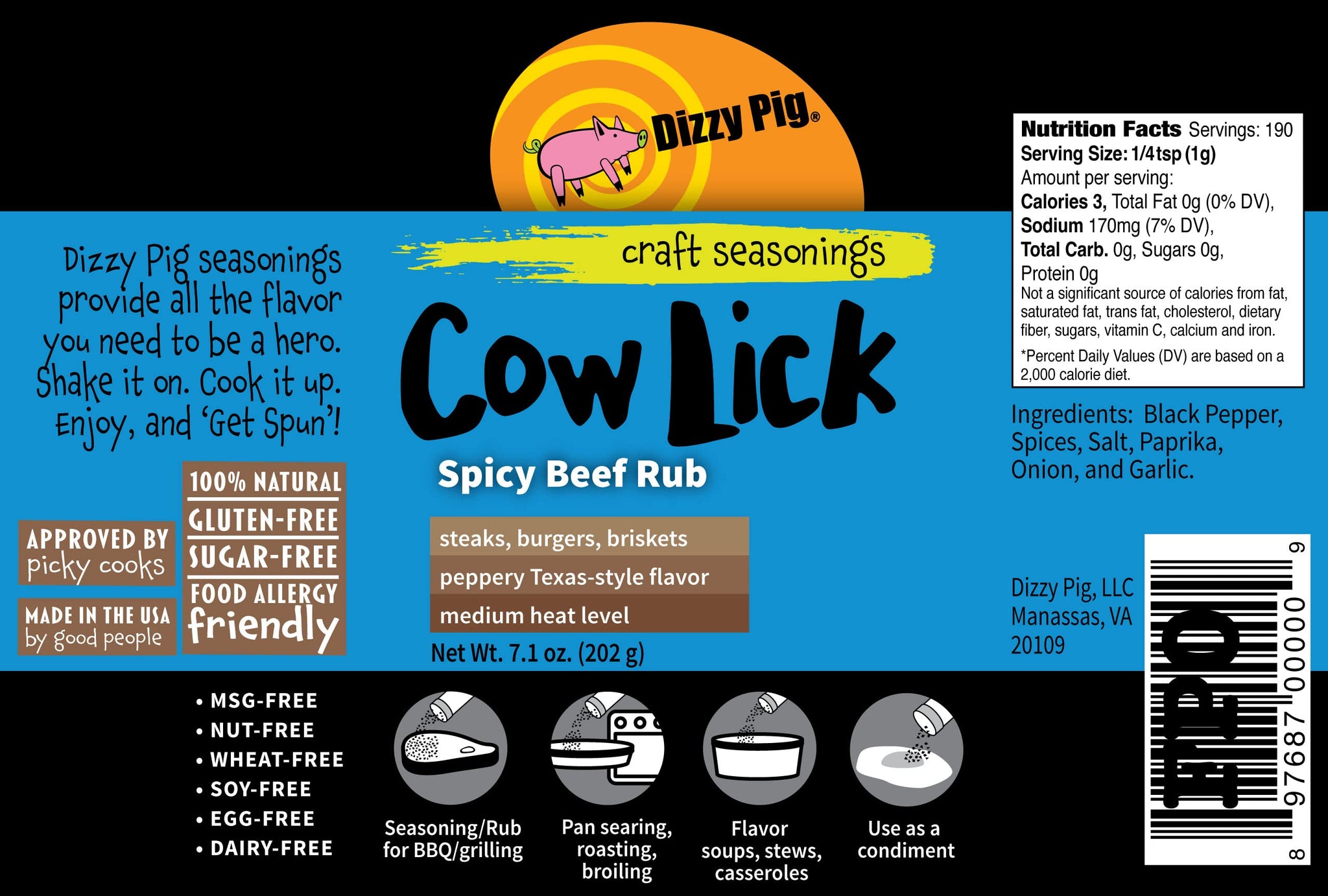 Dizzy Pig Cow Lick Texas-Style Spicy Beef Seasoning Rub (8oz Shaker) - Seasons 30+lbs of Food - Hand Made in the USA - MSG Free, Gluten Free