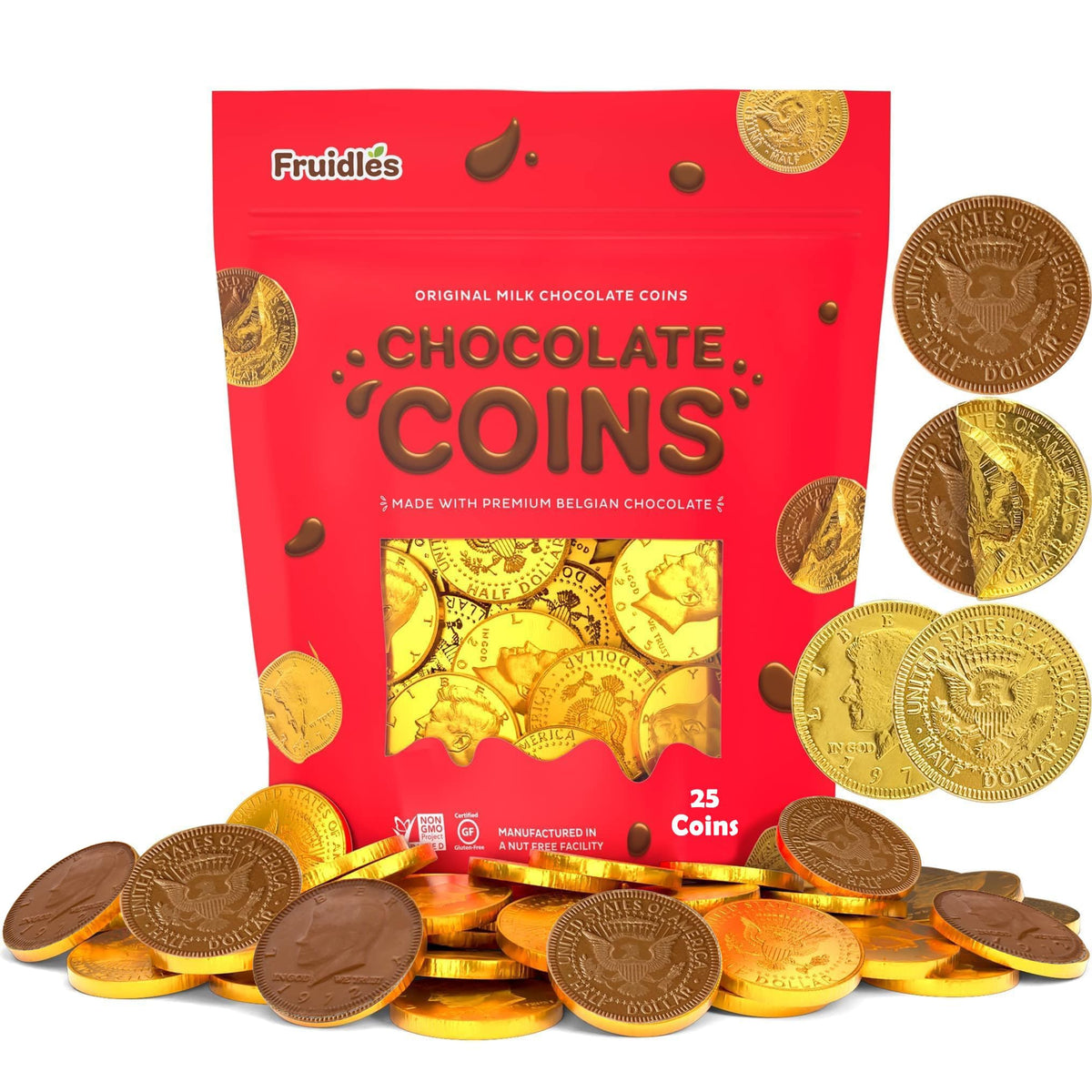 25 Edible Chocolate Coins, Gold Half Dollar Milk Chocolate, Made with Premium Belgian ingredients, Nut Free, Non-GMO, Certified Kosher Dairy 25-Pack