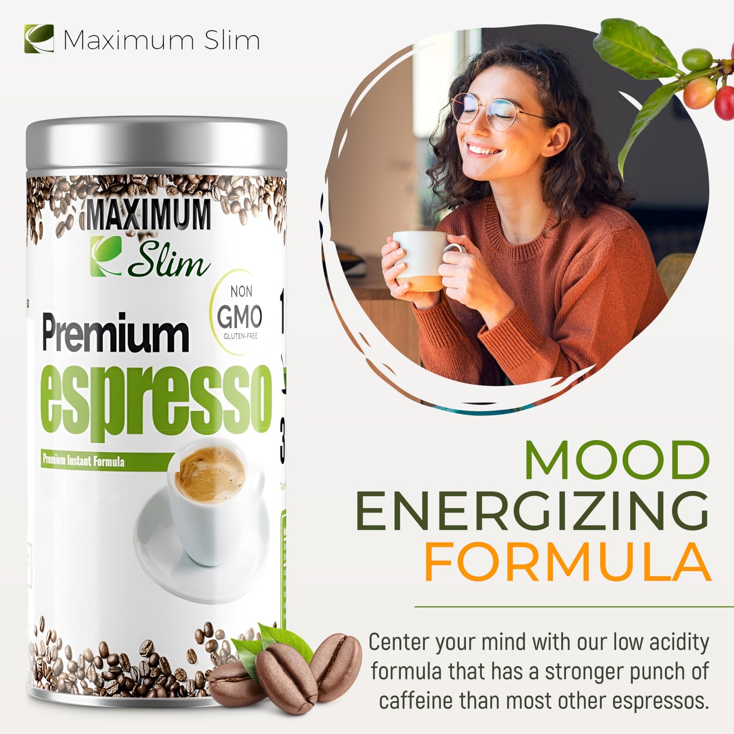 Maximum Slim Premio Instant Espresso Powder - Bold & Rich Flavor 100% Arabica Beans - Non-GMO, Gluten-Free - Premium Medium Roast Coffee 14.1 oz