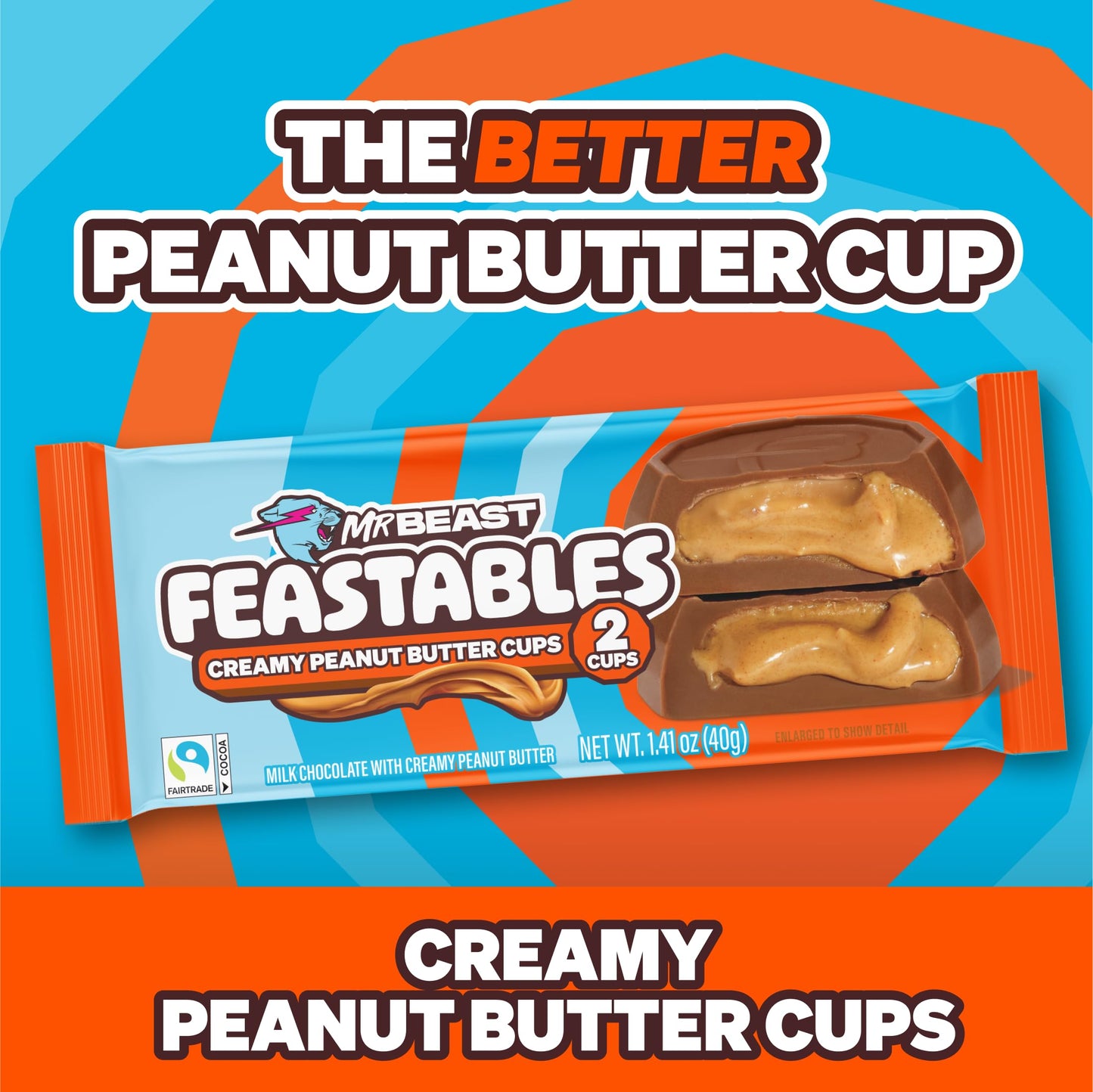 MrBeast Feastables Peanut Butter Cups, 24 Count, Milk Chocolate with Creamy Peanut Butter Filling, 2-Cup Packs, Fairtrade Cocoa