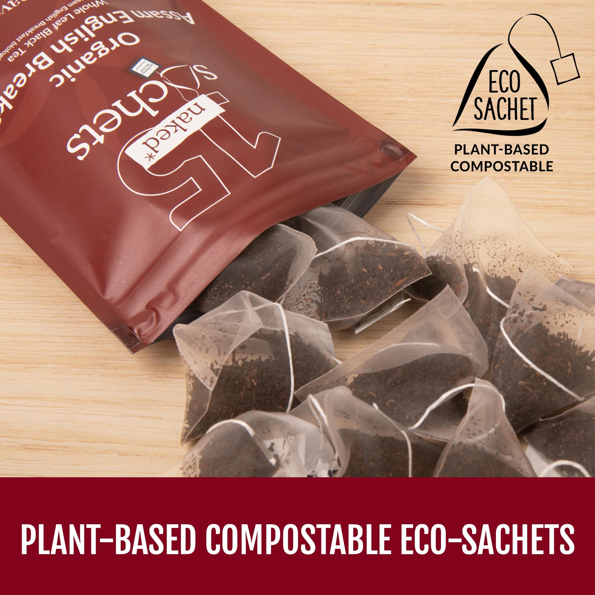 Two Leaves and a Bud Organic Assam English Breakfast, Whole Leaf Black Tea in Unwrapped Pyramid Sachets, Resealable Bag, 15 Sachets (Pack of 1)